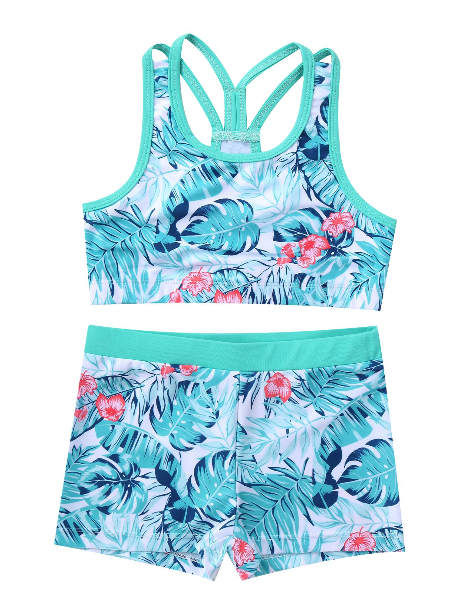 Kids Girls Three Pieces Tropical Print Swim Tankini Sets