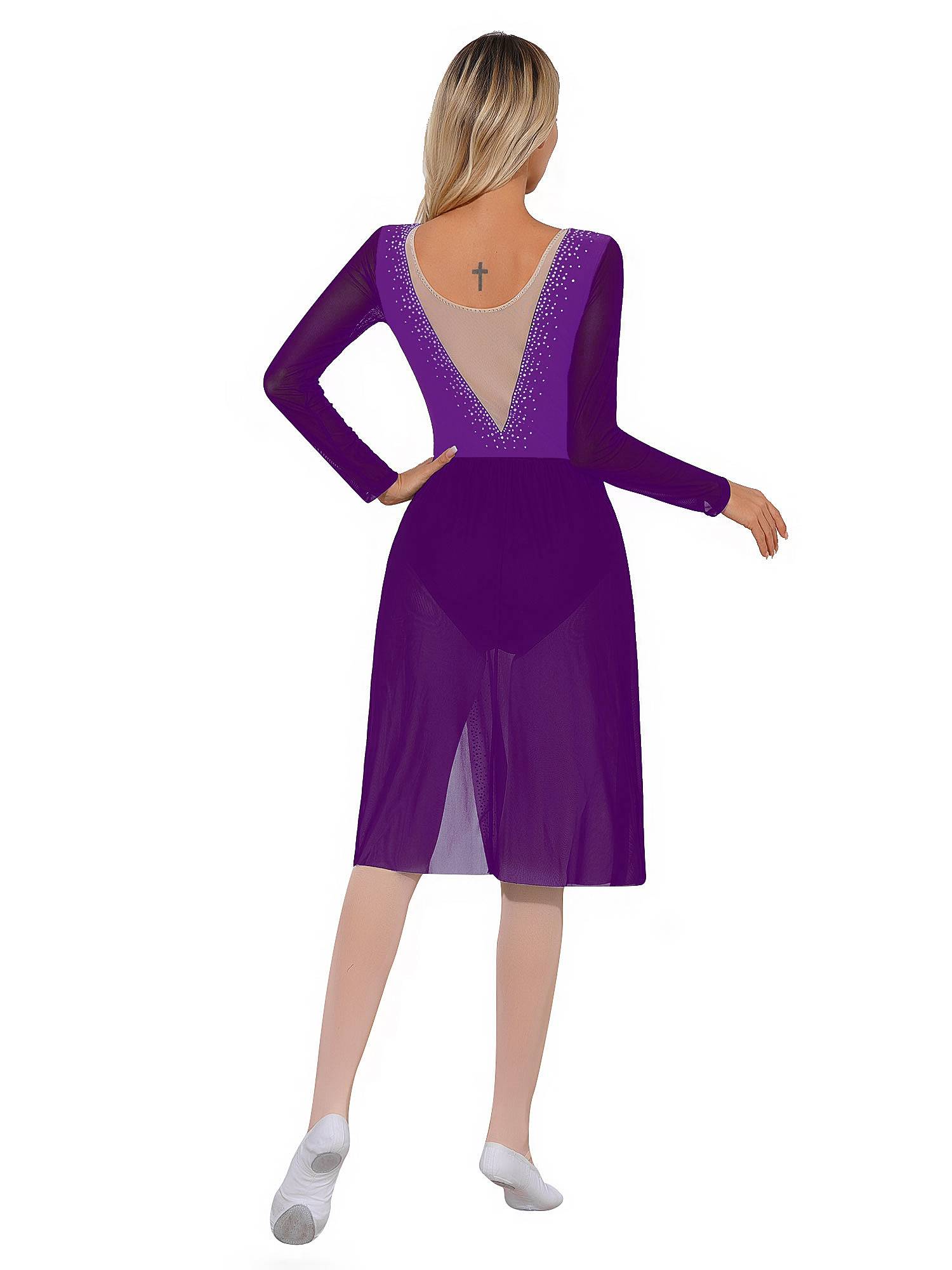 Women Shiny Rhinestones Long Sleeve Side Slit Lyrical Dance Dress