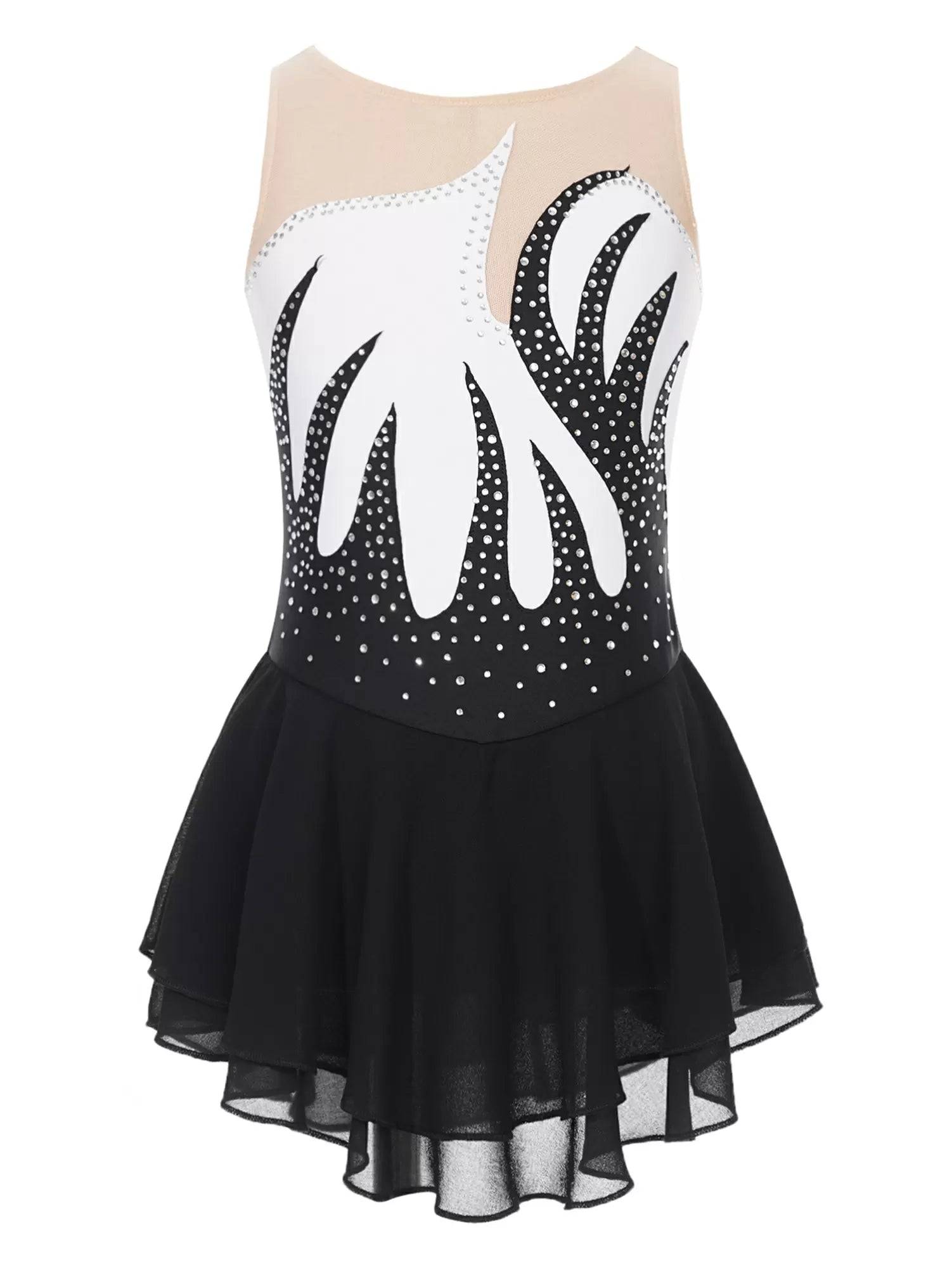 Kids Girls Shiny Rhinestone Sleeveless Figure Skating Leotard Dress