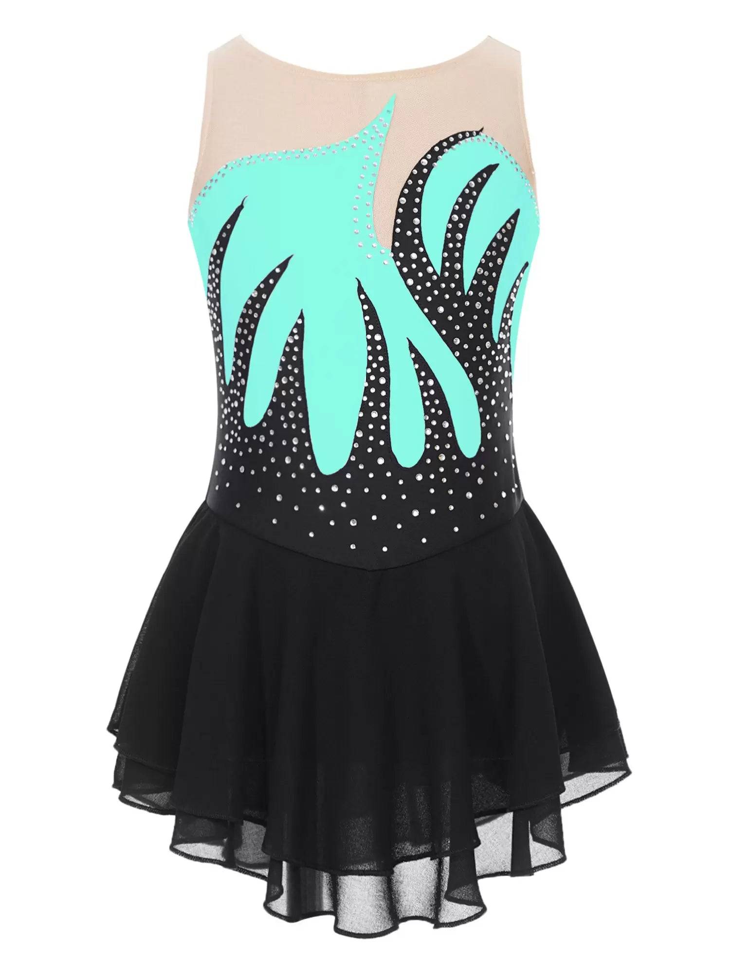 Kids Girls Shiny Rhinestone Sleeveless Figure Skating Leotard Dress
