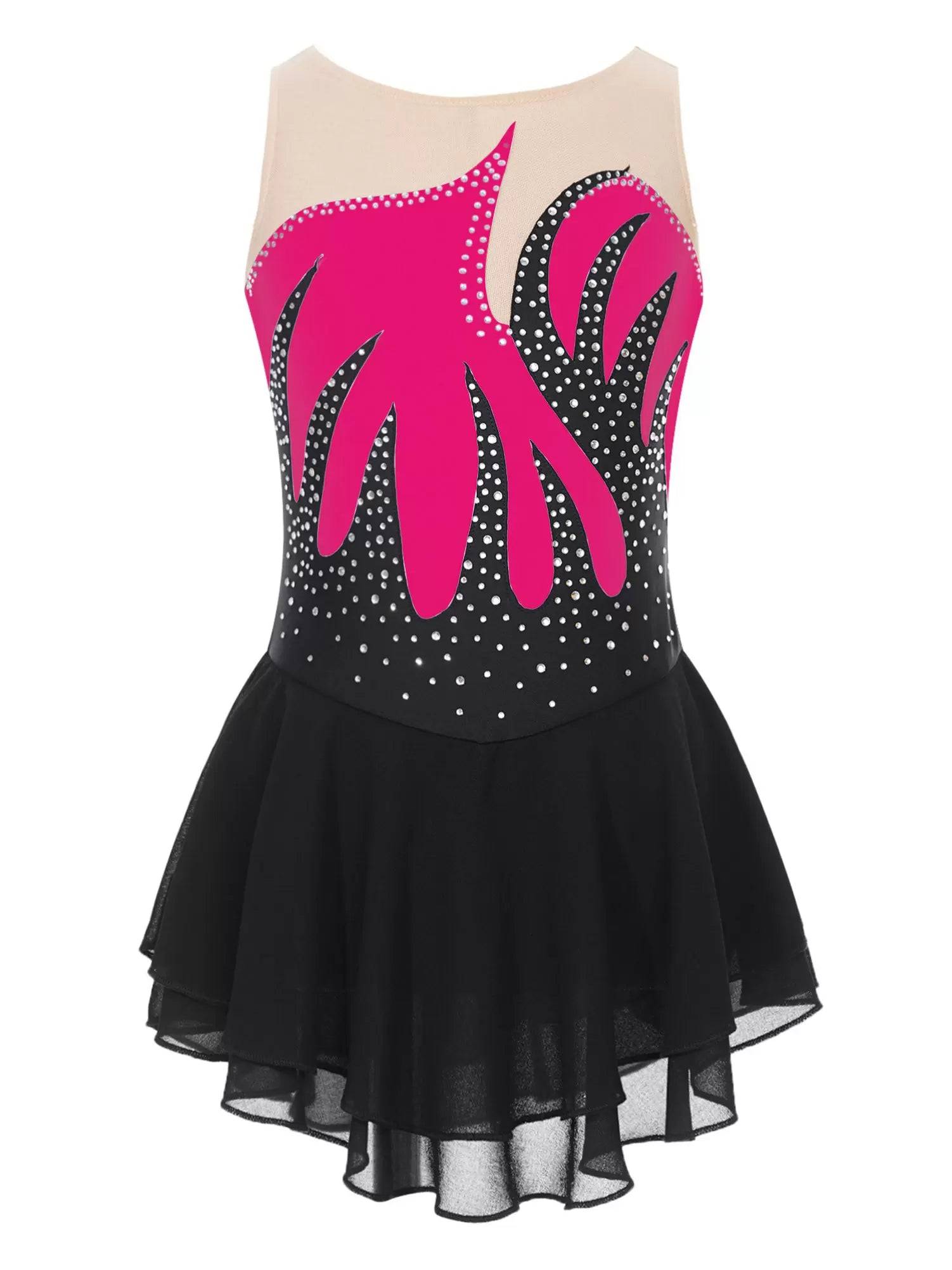Kids Girls Shiny Rhinestone Sleeveless Figure Skating Leotard Dress
