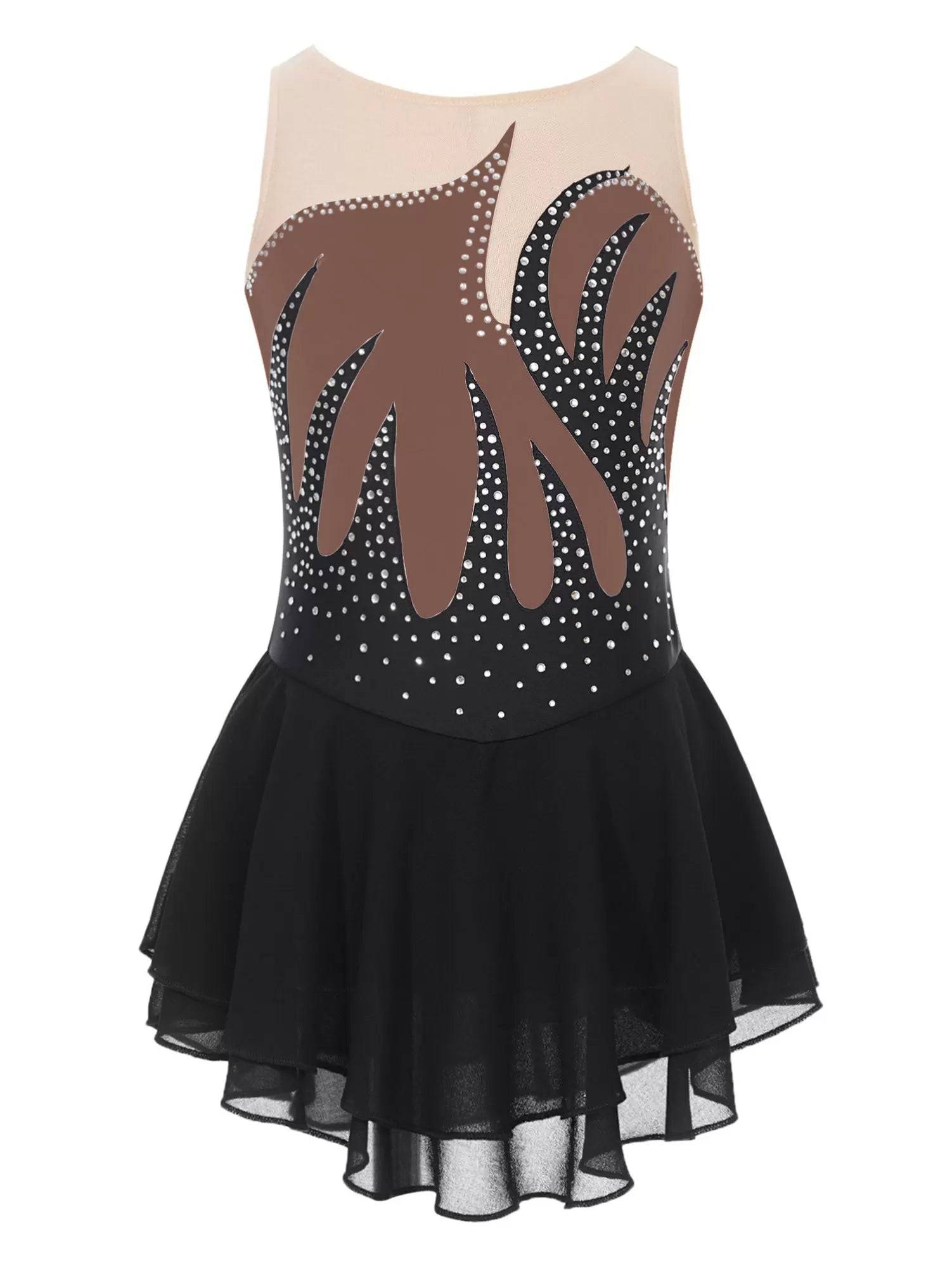 Kids Girls Shiny Rhinestone Sleeveless Figure Skating Leotard Dress