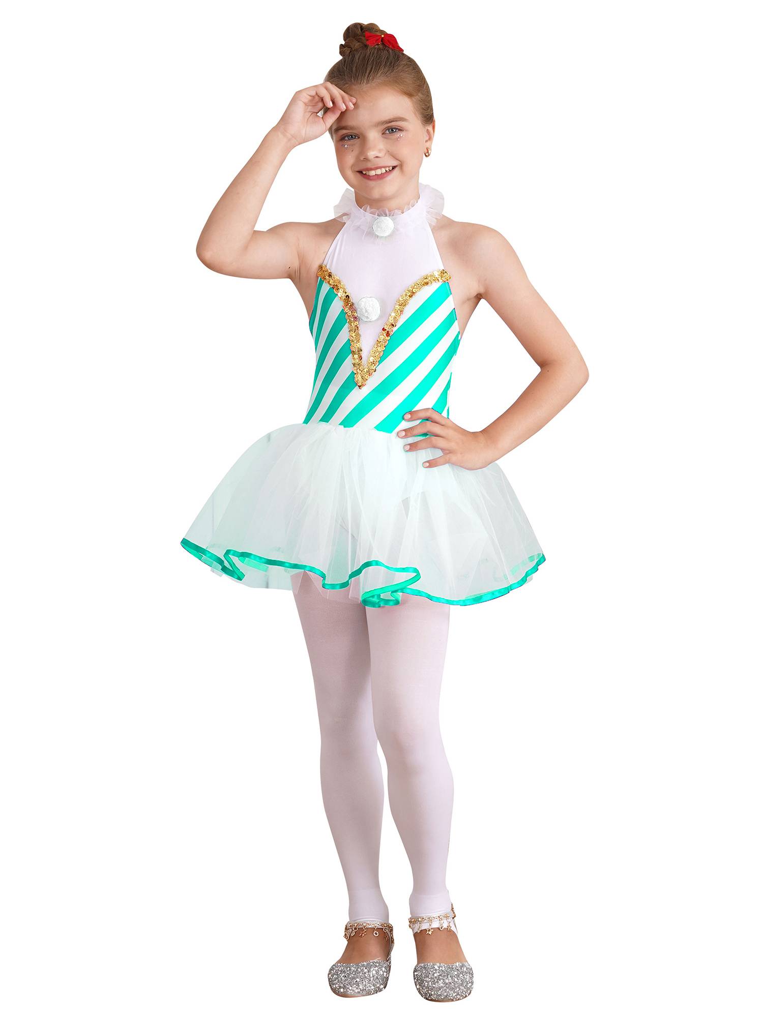 Girls Halter Neck Sleeveless Stripes Christmas Candy Cane Tutu Dress