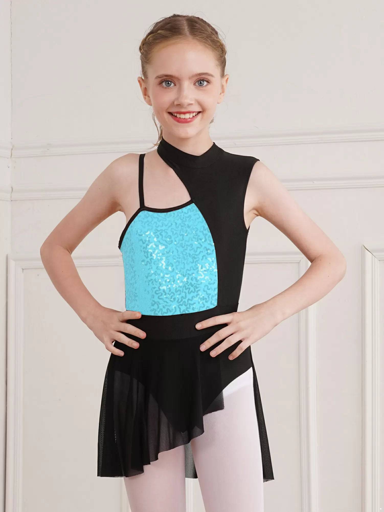 Kids Girls Sleeveless Sequins Mesh Lyrical Contemporary Dance Dress
