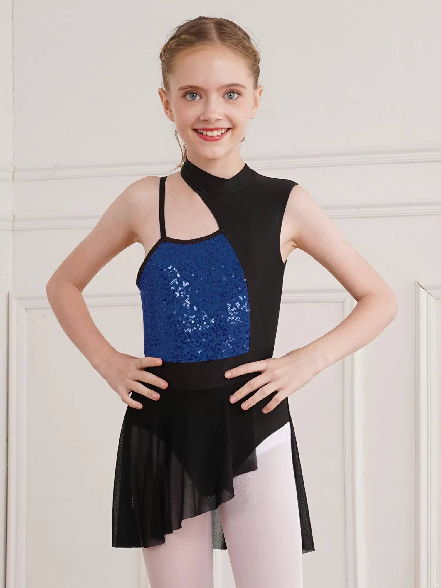 Kids Girls Sleeveless Sequins Mesh Lyrical Contemporary Dance Dress