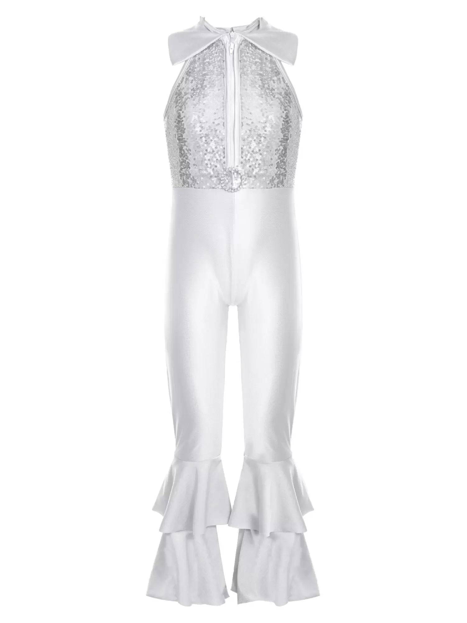 Kids Girls Sleeveless Sequins Tiered Bell-bottom Jazz Dance Unitards