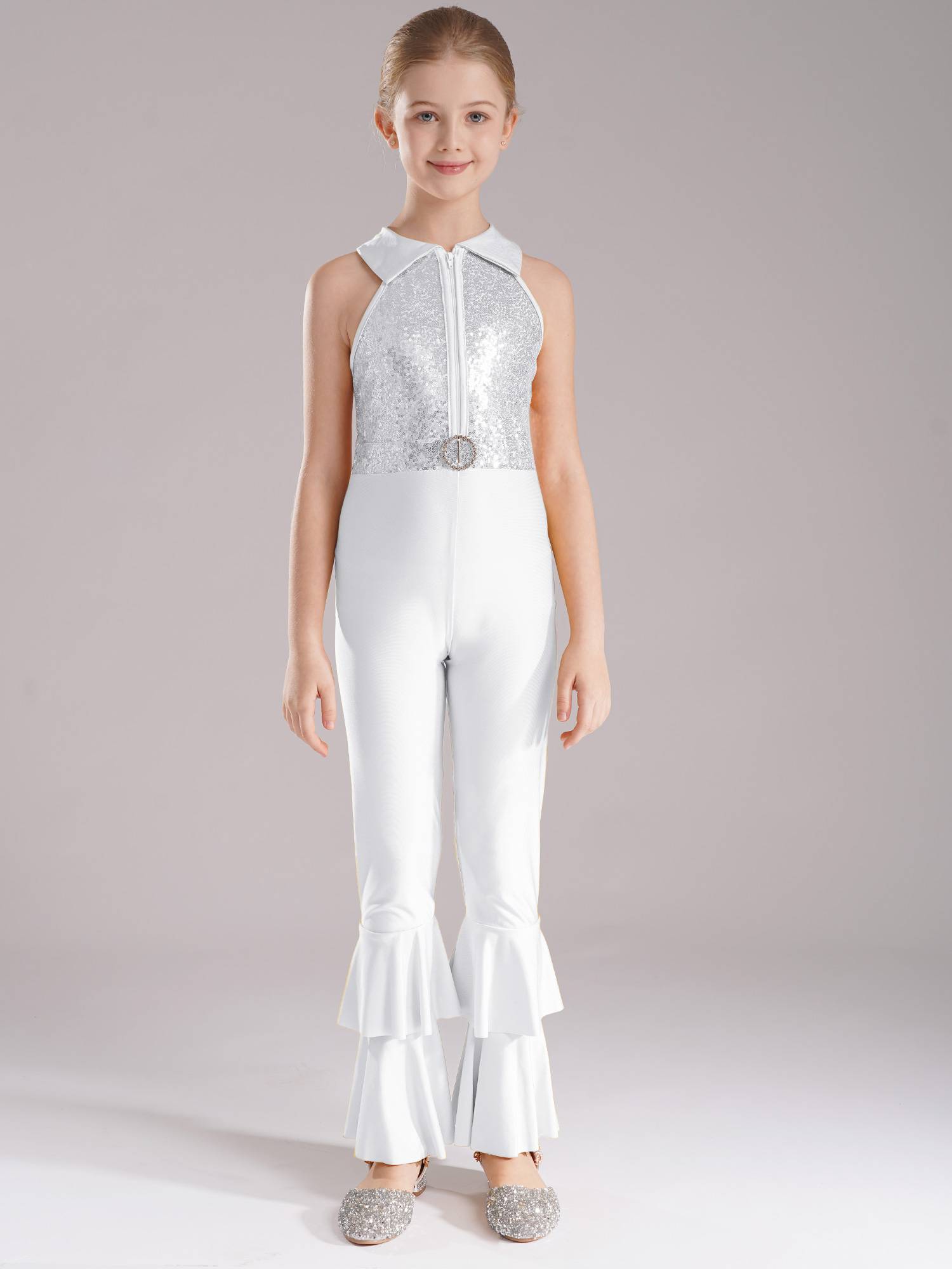 Kids Girls Sleeveless Sequins Tiered Bell-bottom Jazz Dance Unitards