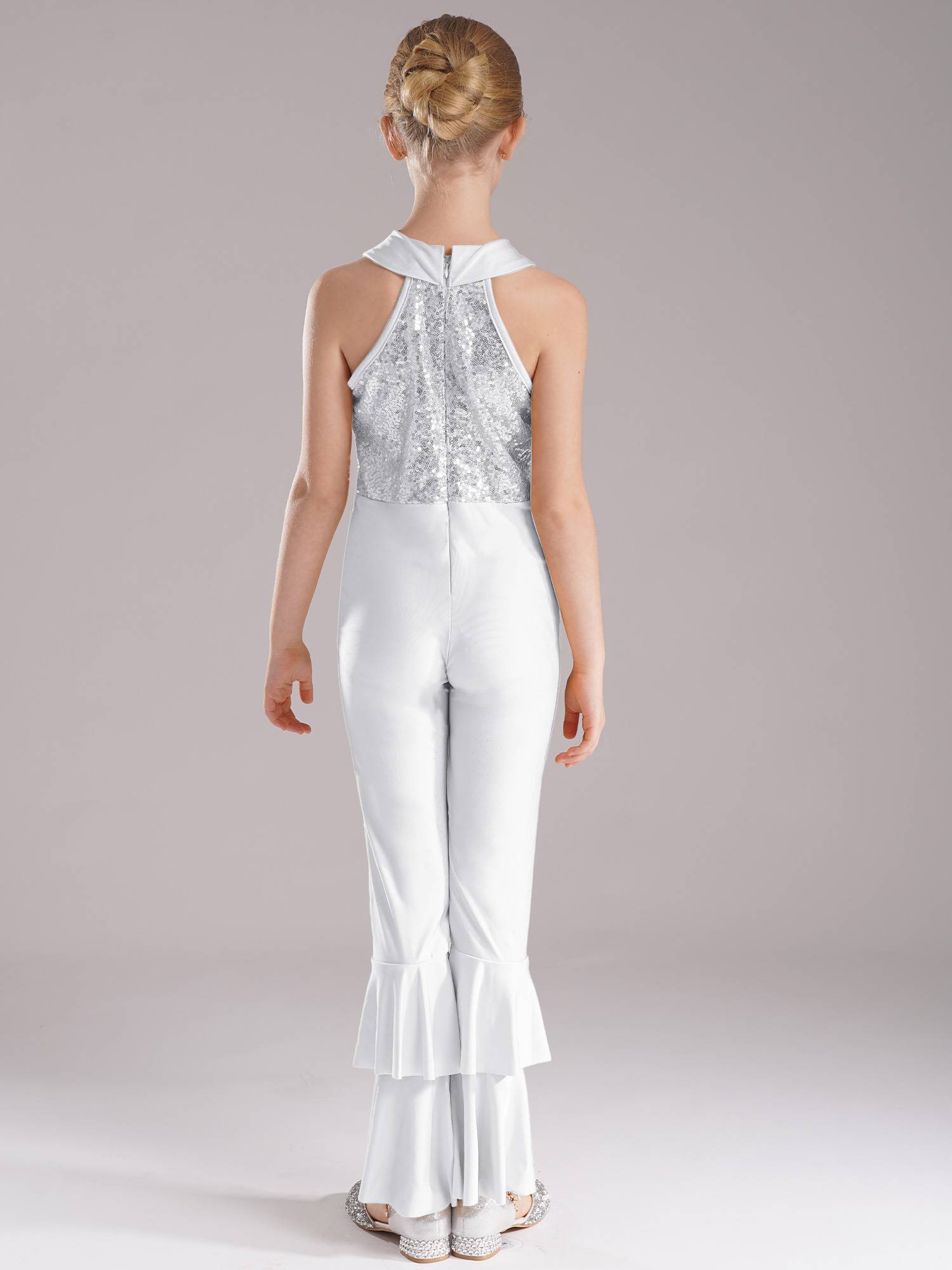 Kids Girls Sleeveless Sequins Tiered Bell-bottom Jazz Dance Unitards