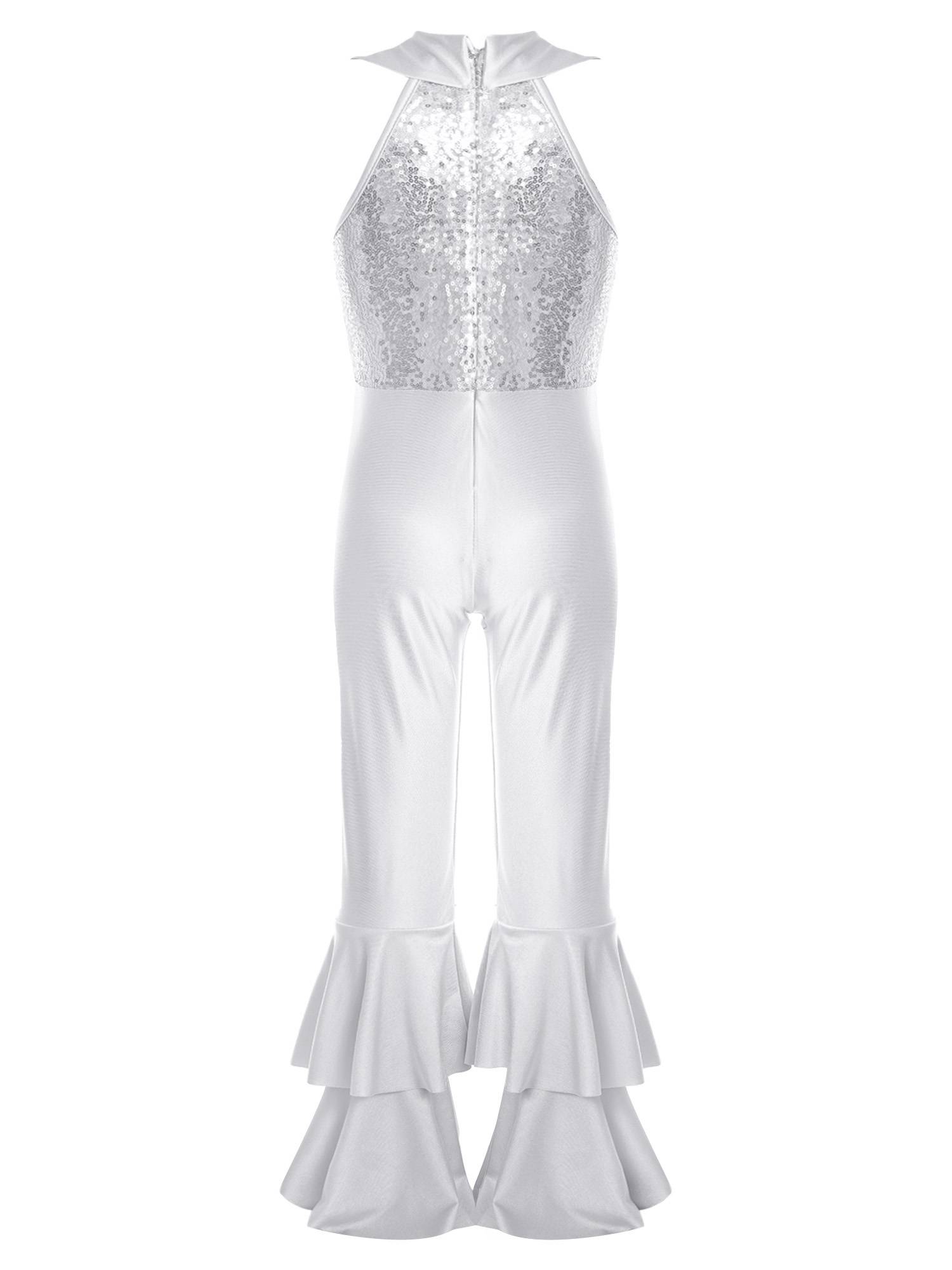 Kids Girls Sleeveless Sequins Tiered Bell-bottom Jazz Dance Unitards