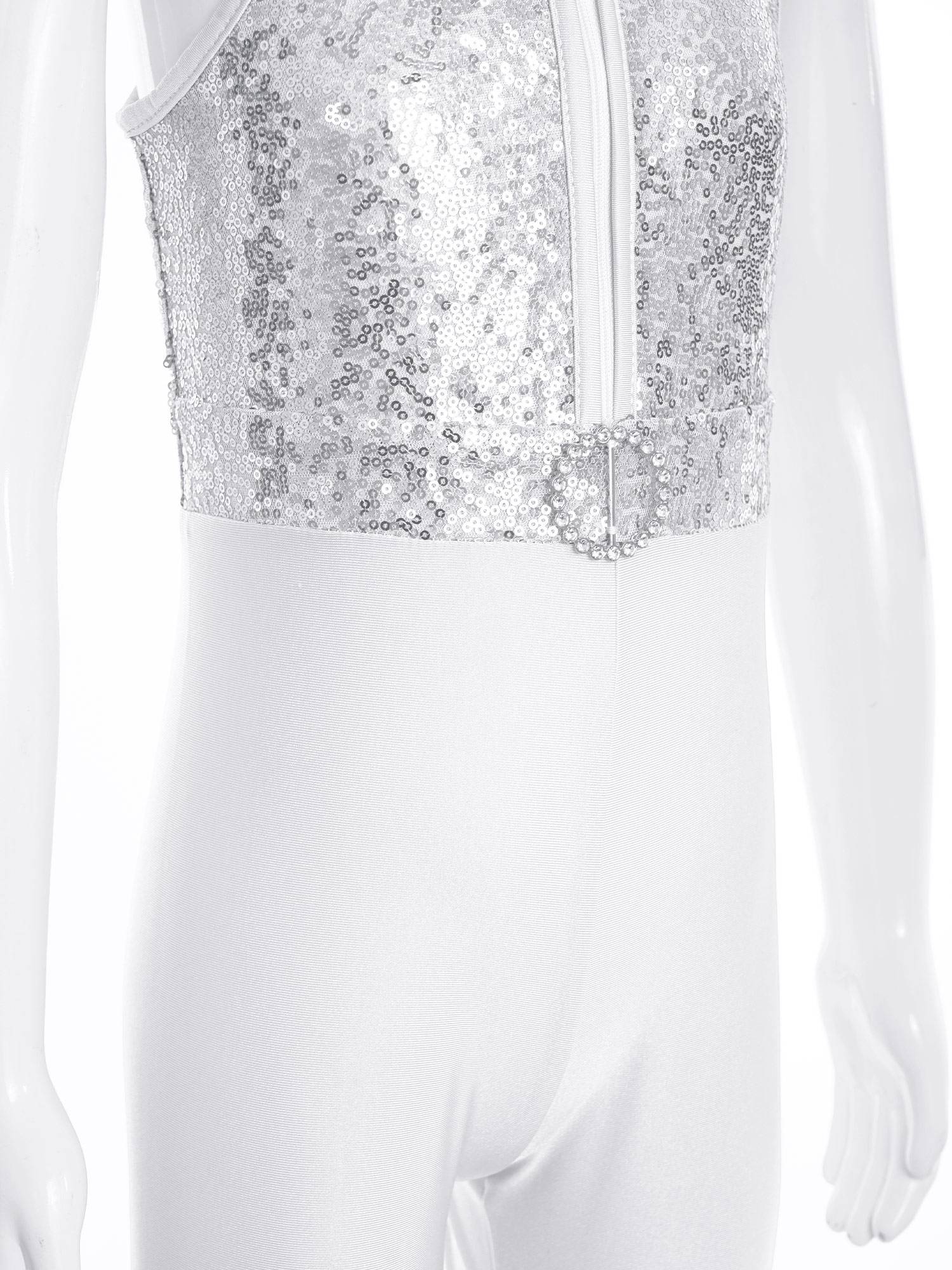 Kids Girls Sleeveless Sequins Tiered Bell-bottom Jazz Dance Unitards