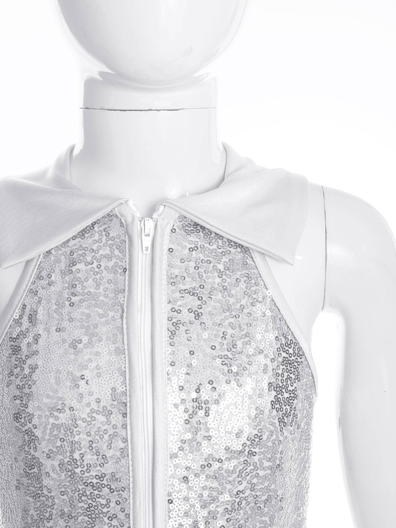 Kids Girls Sleeveless Sequins Tiered Bell-bottom Jazz Dance Unitards