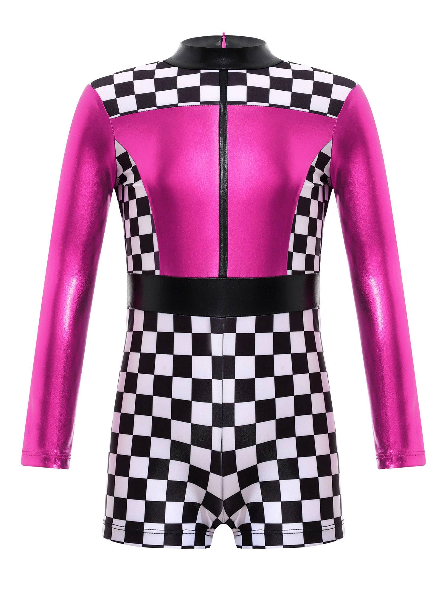 Girls Long Sleeve Checkerboard Print Race Car Racer Costume Jumpsuit
