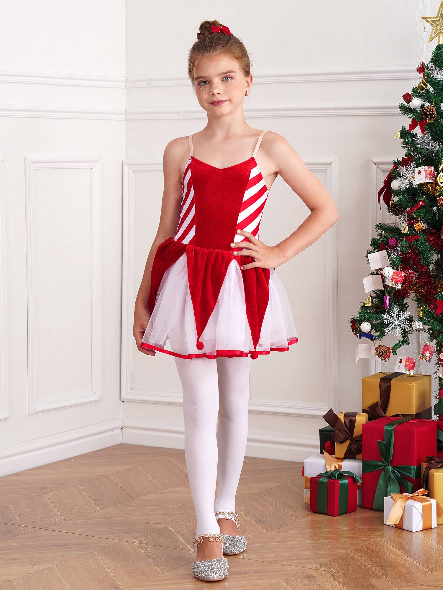 Kids Girls Christmas Sleeveless Straps Pom Poms Stripes Tutu Dress