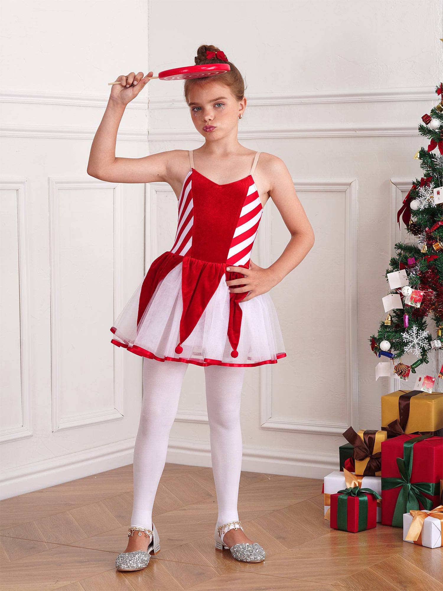 Kids Girls Christmas Sleeveless Straps Pom Poms Stripes Tutu Dress