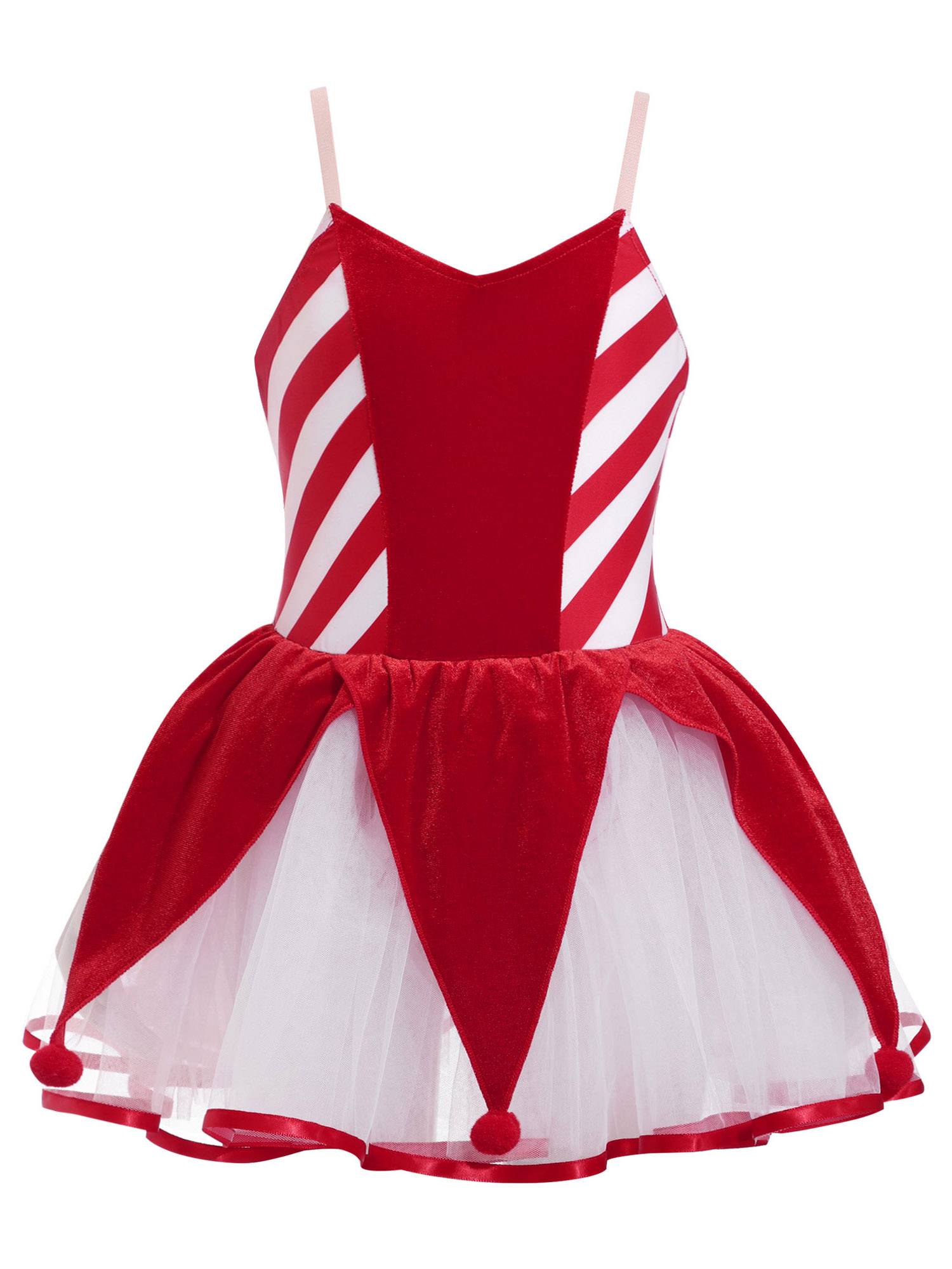 Kids Girls Christmas Sleeveless Straps Pom Poms Stripes Tutu Dress