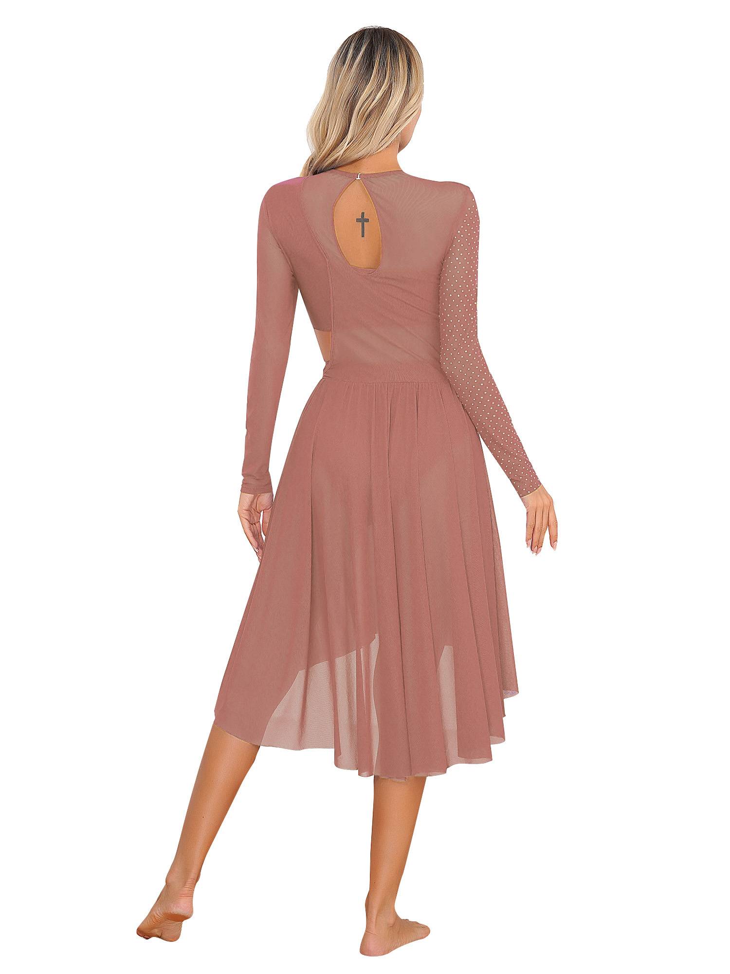 Women Long Sleeve Shiny Rhinestone Asymmetrical Lyrical Dance Dress