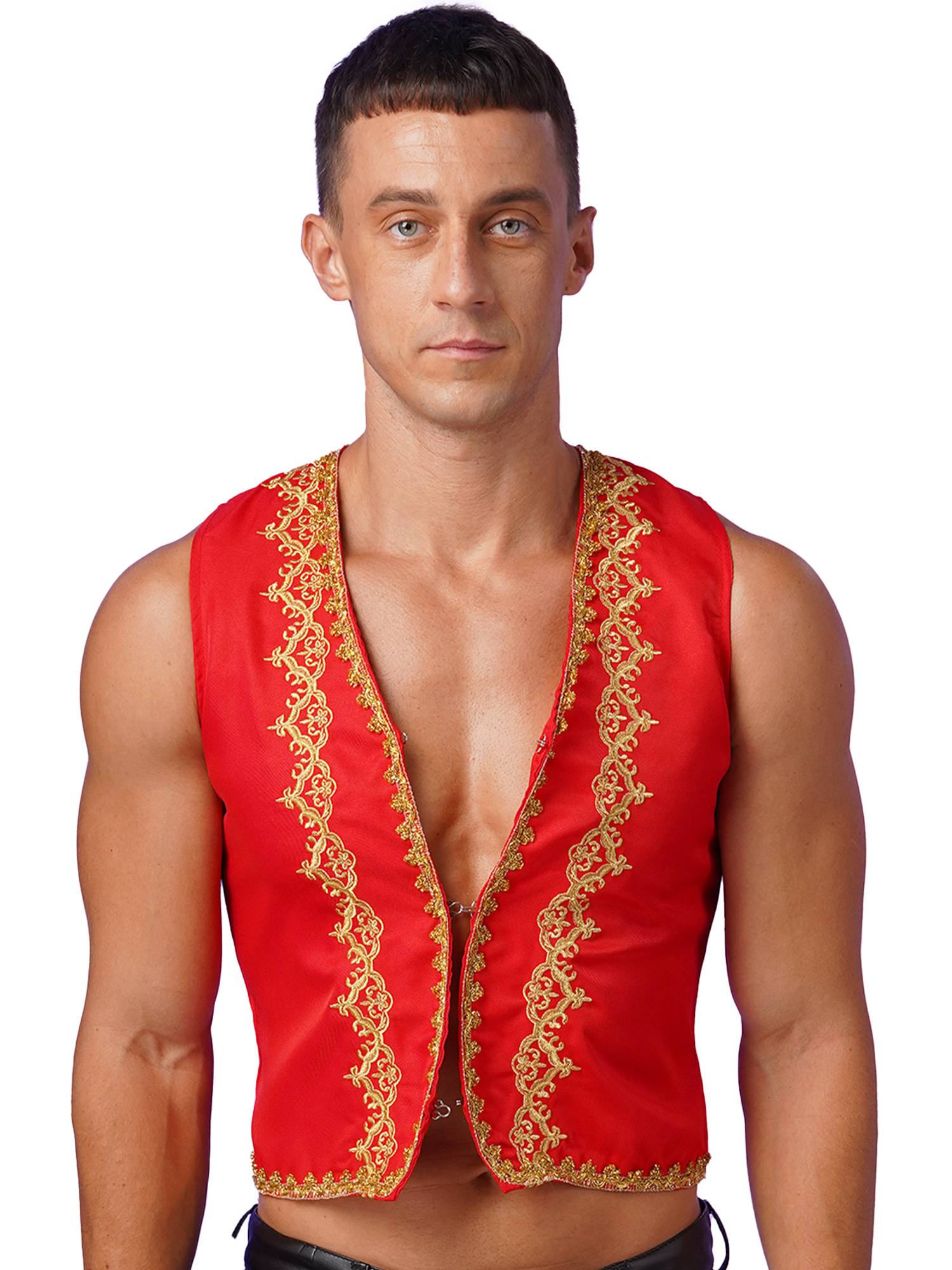 Men Sleeveless Embroidery Open Front Medieval Gothic Waistcoat
