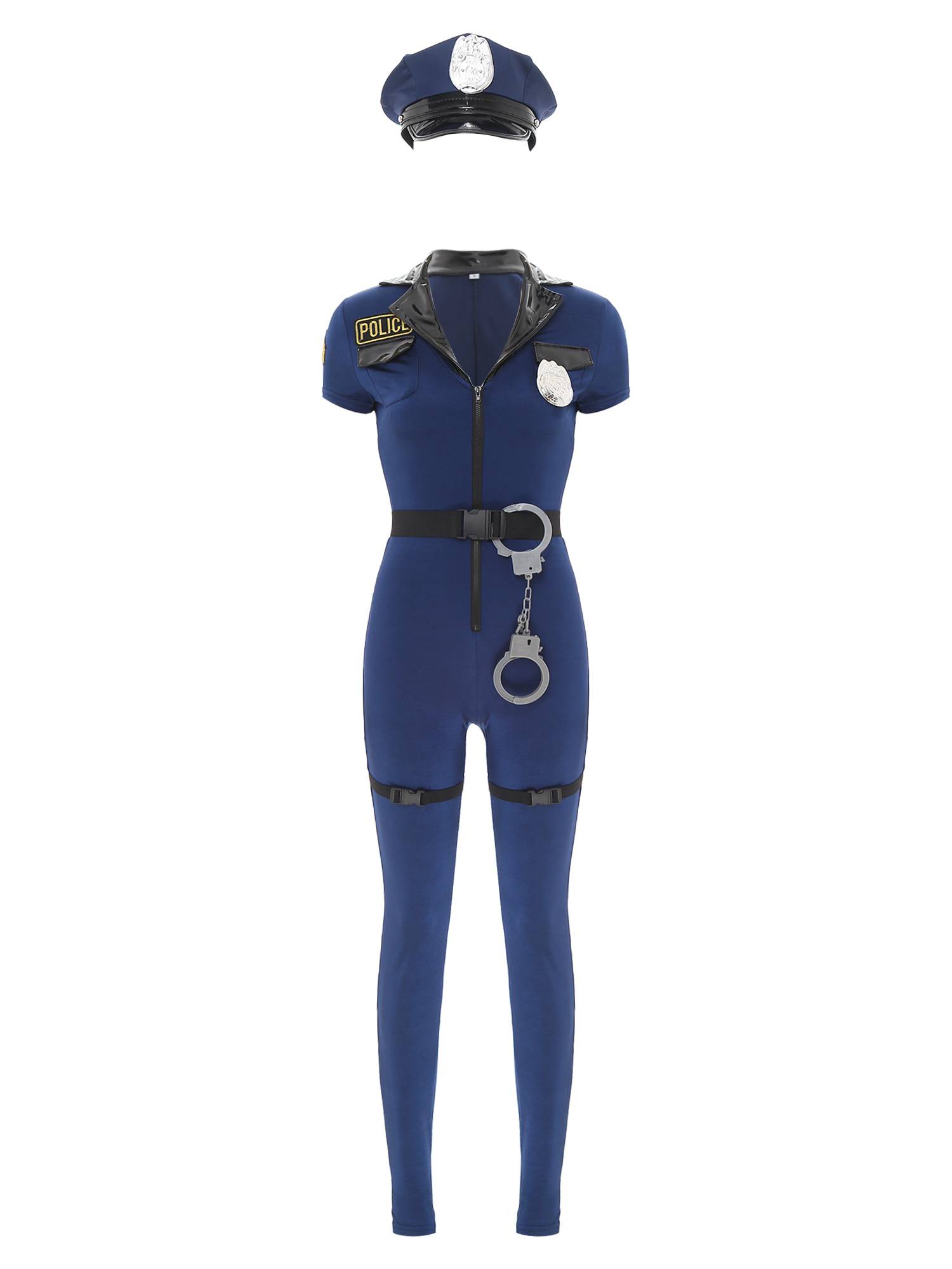 Women 7pcs Short Sleeve Front Zipper Halloween Police Cosplay Jumpsuit Set