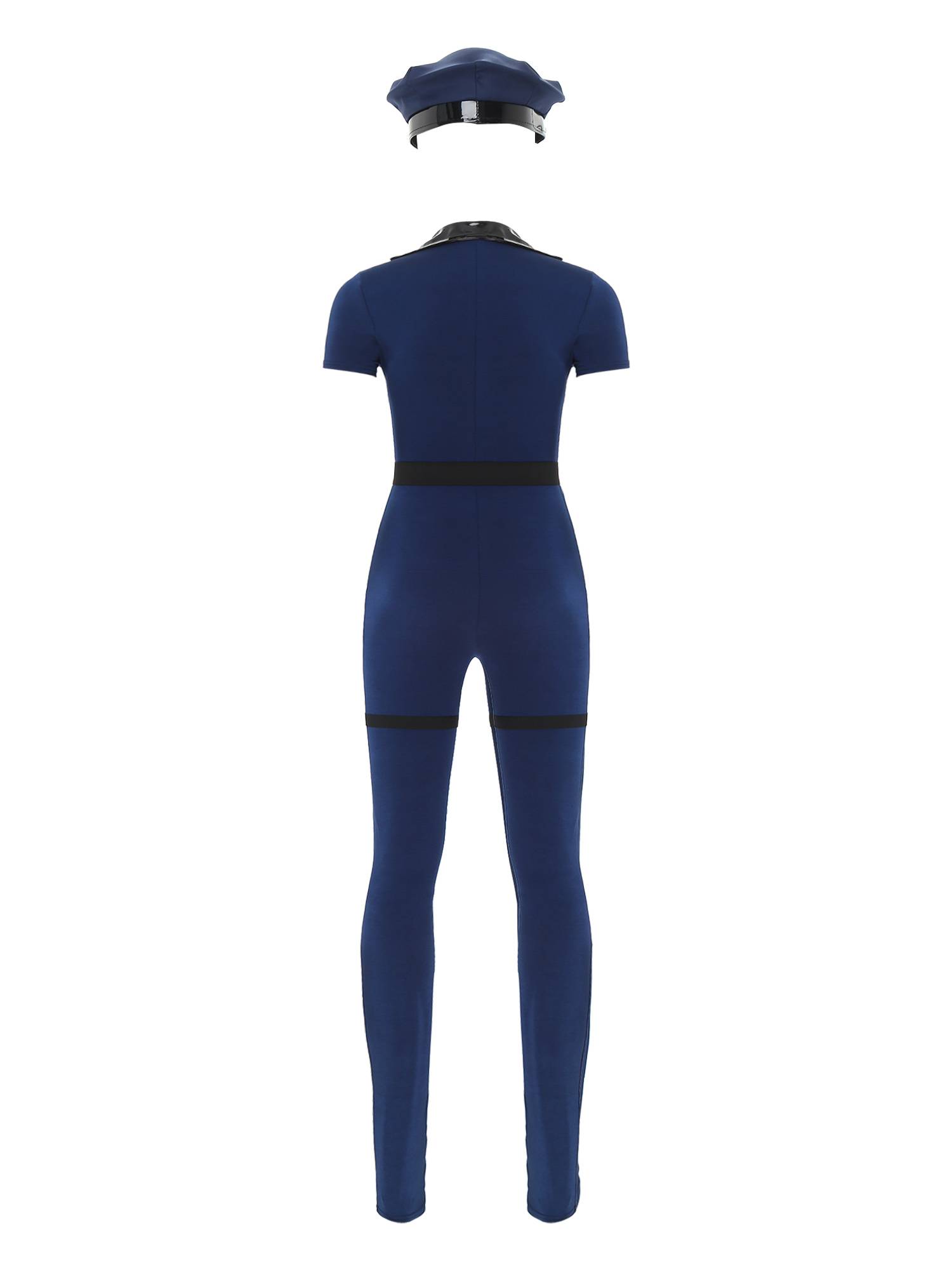 Women 7pcs Short Sleeve Front Zipper Halloween Police Cosplay Jumpsuit Set