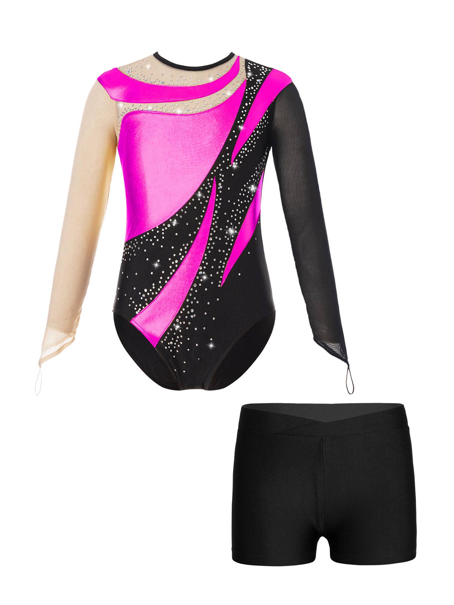 Kids Girls 2pcs Long Sleeve Colorblock Bodysuit and Shorts Gymnastic Outfits