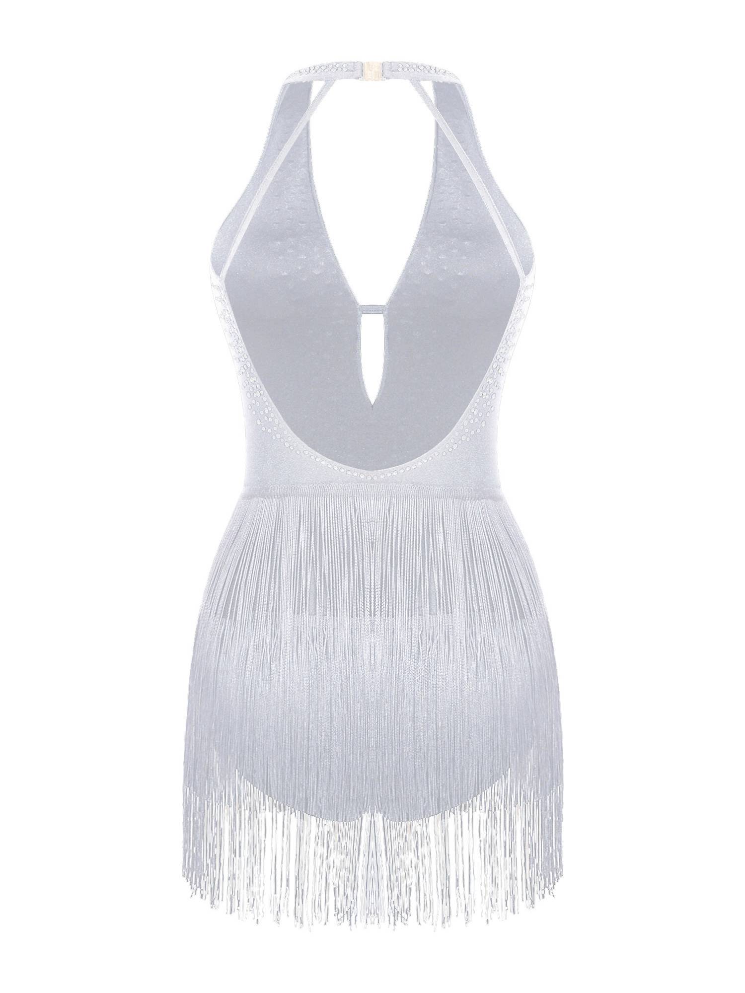 Women Deep V Neck Backless Rhinestone Tassel Latin Dance Leotard