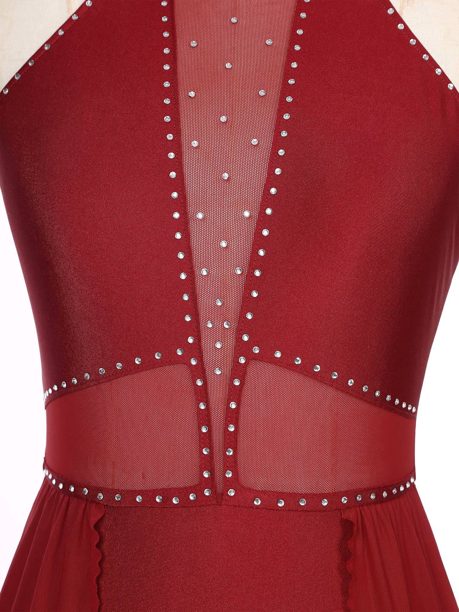 Women Sleeveless Shiny Rhinestone Mesh Lyrical Dance Leotard Dress