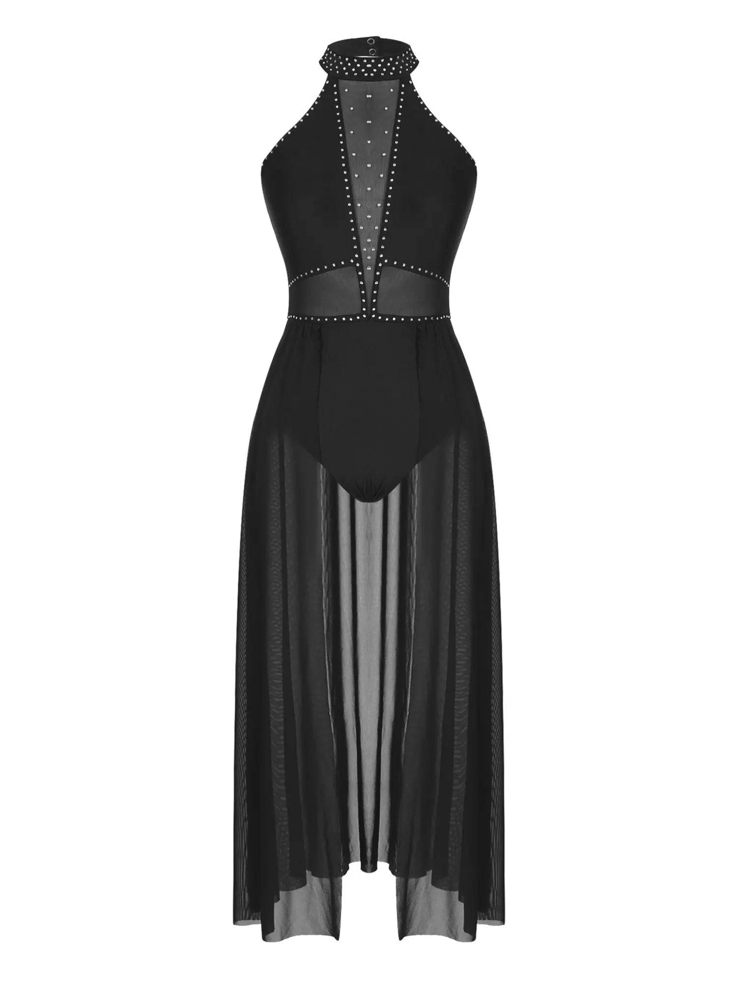 Women Sleeveless Shiny Rhinestone Mesh Lyrical Dance Leotard Dress