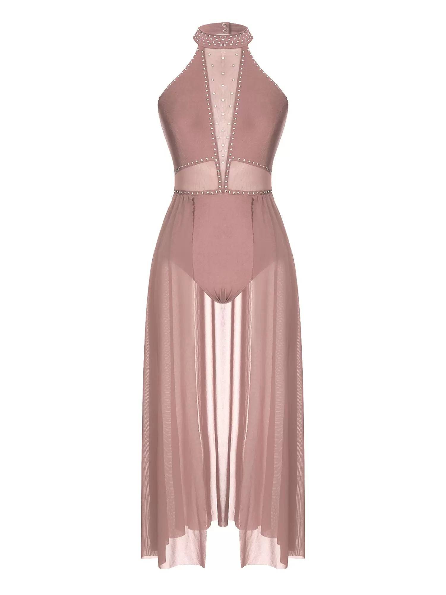 Women Sleeveless Shiny Rhinestone Mesh Lyrical Dance Leotard Dress