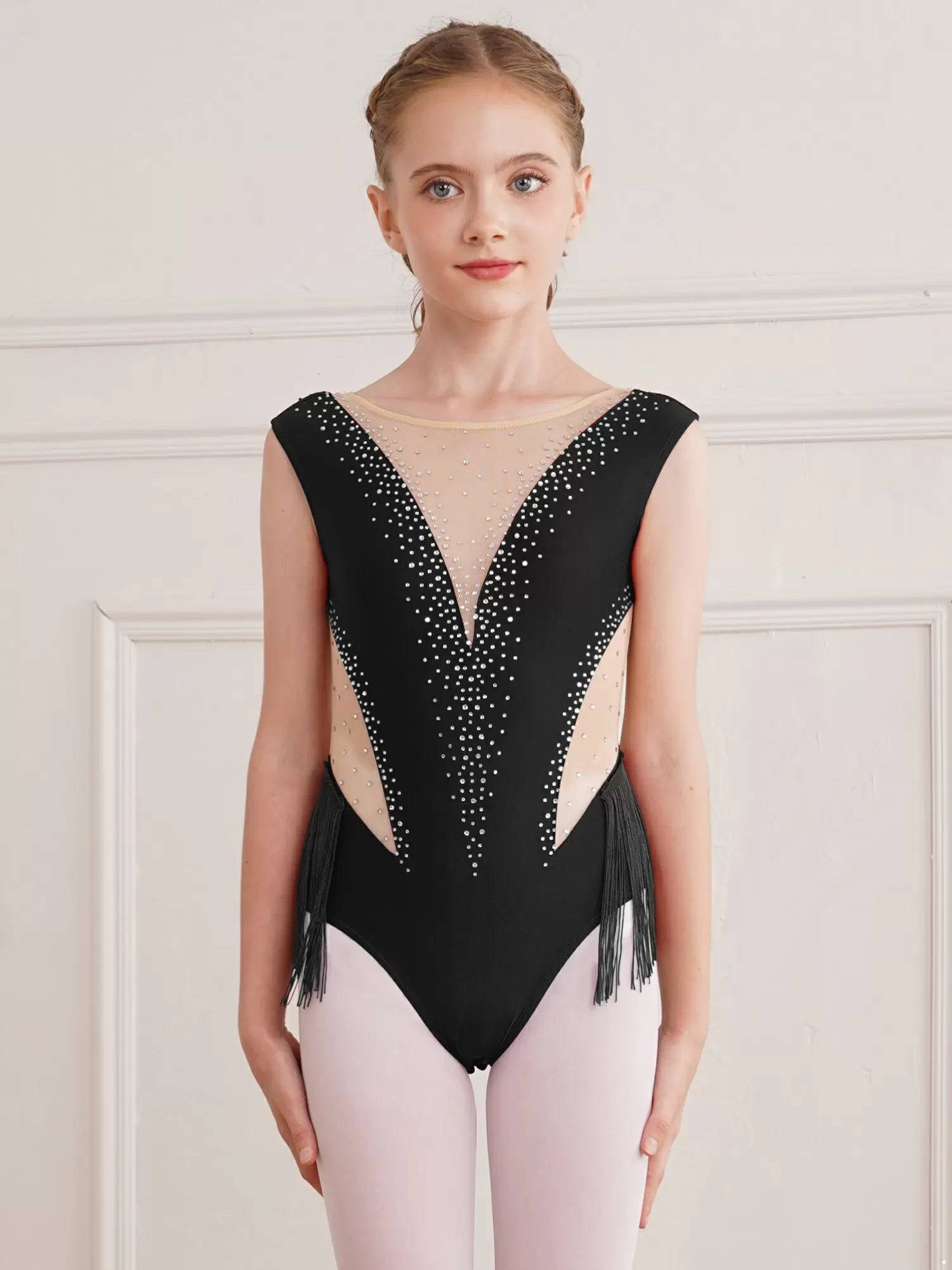 Kids Girls Shiny Rhinestone Leotard Tassel Figure Skating Bodysuit