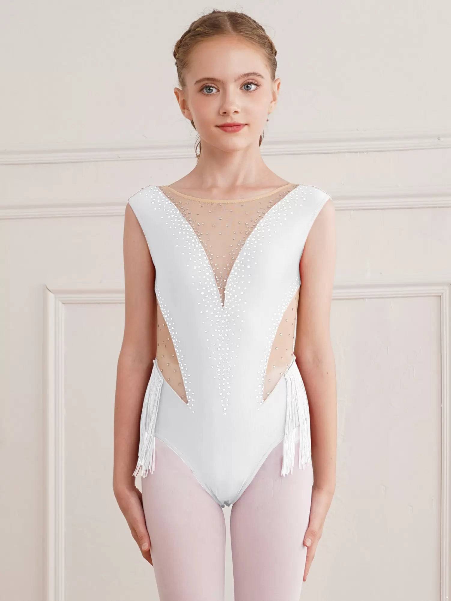 Kids Girls Shiny Rhinestone Leotard Tassel Figure Skating Bodysuit
