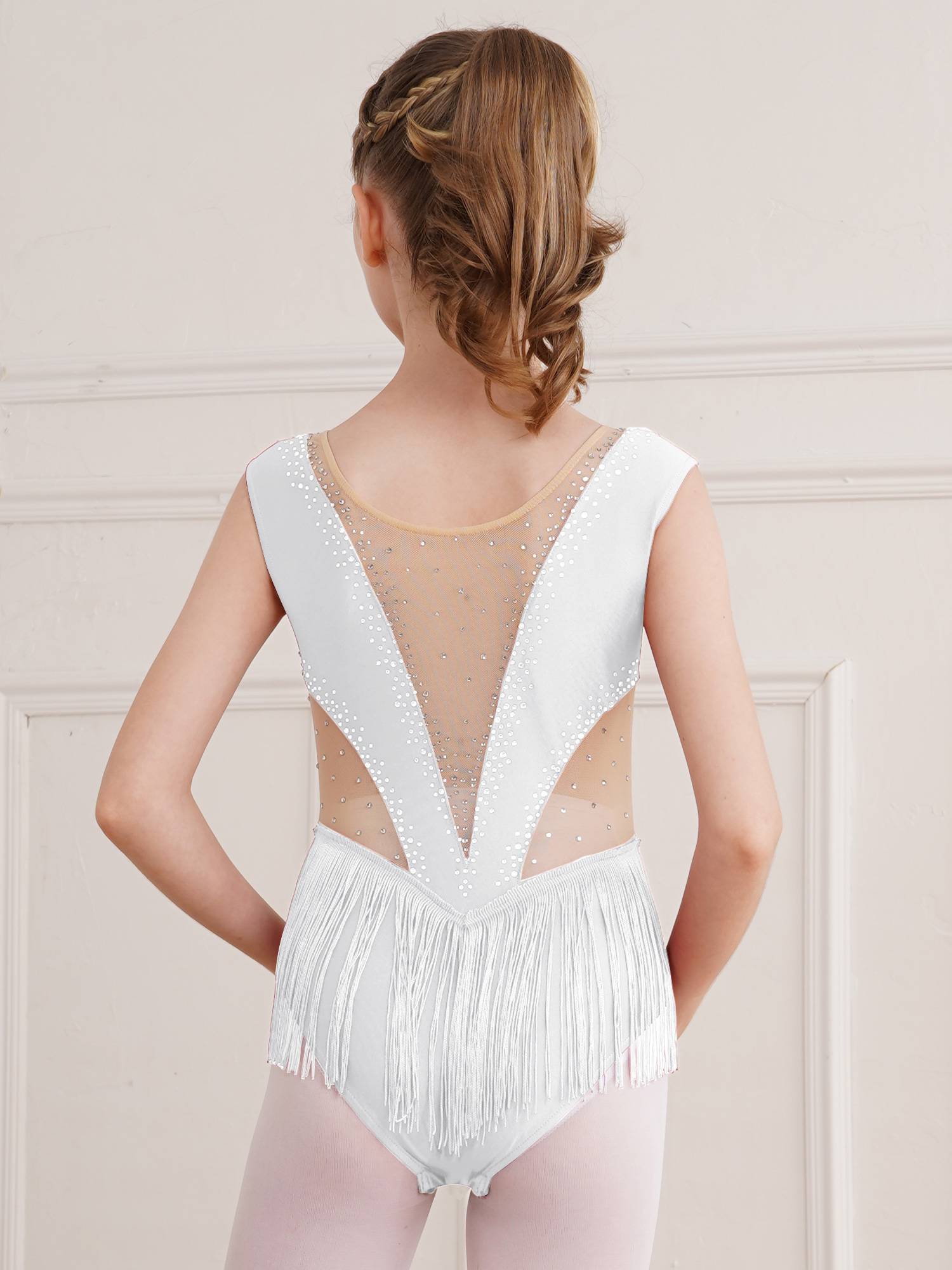 Kids Girls Shiny Rhinestone Leotard Tassel Figure Skating Bodysuit