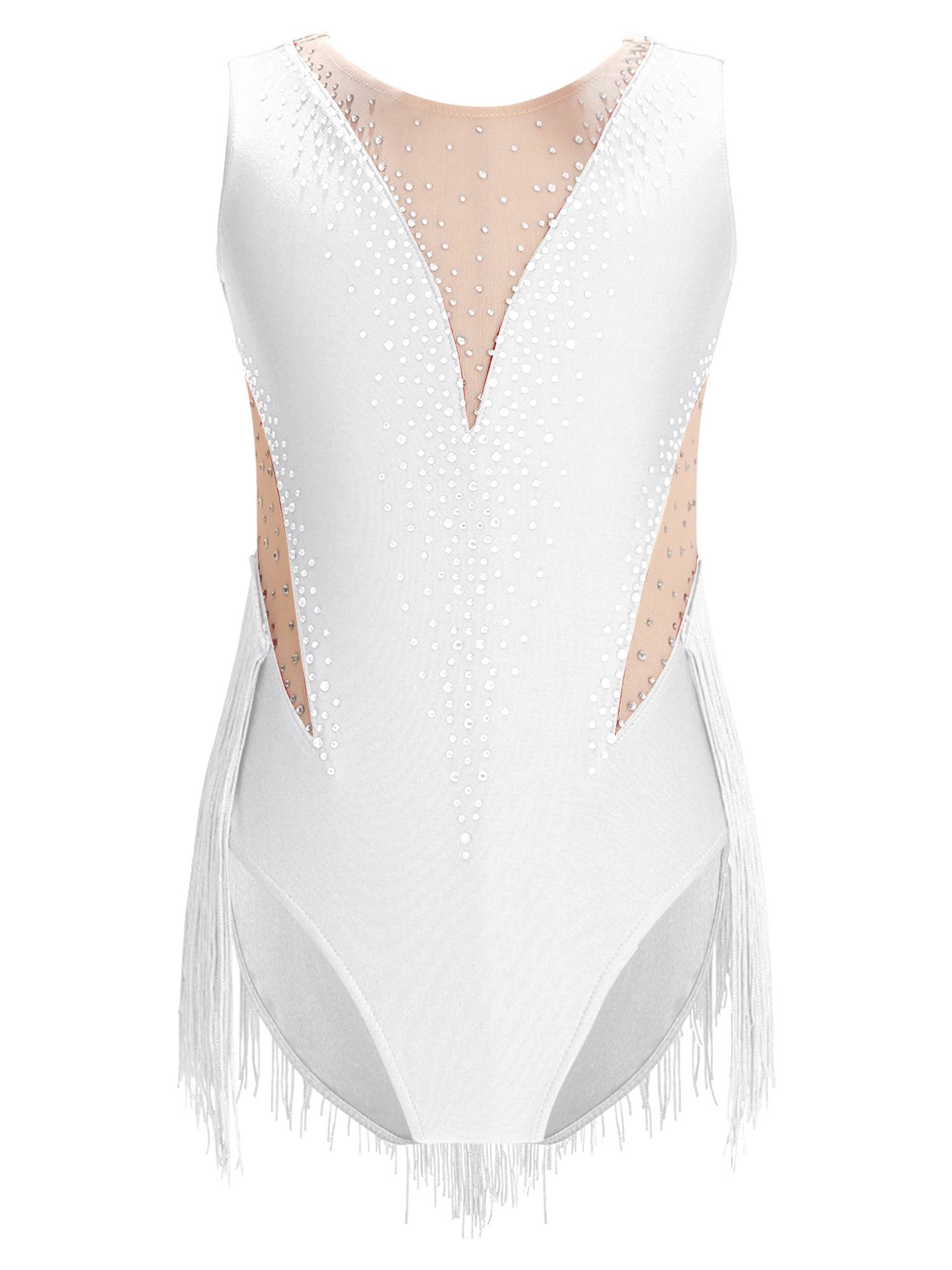 Kids Girls Shiny Rhinestone Leotard Tassel Figure Skating Bodysuit