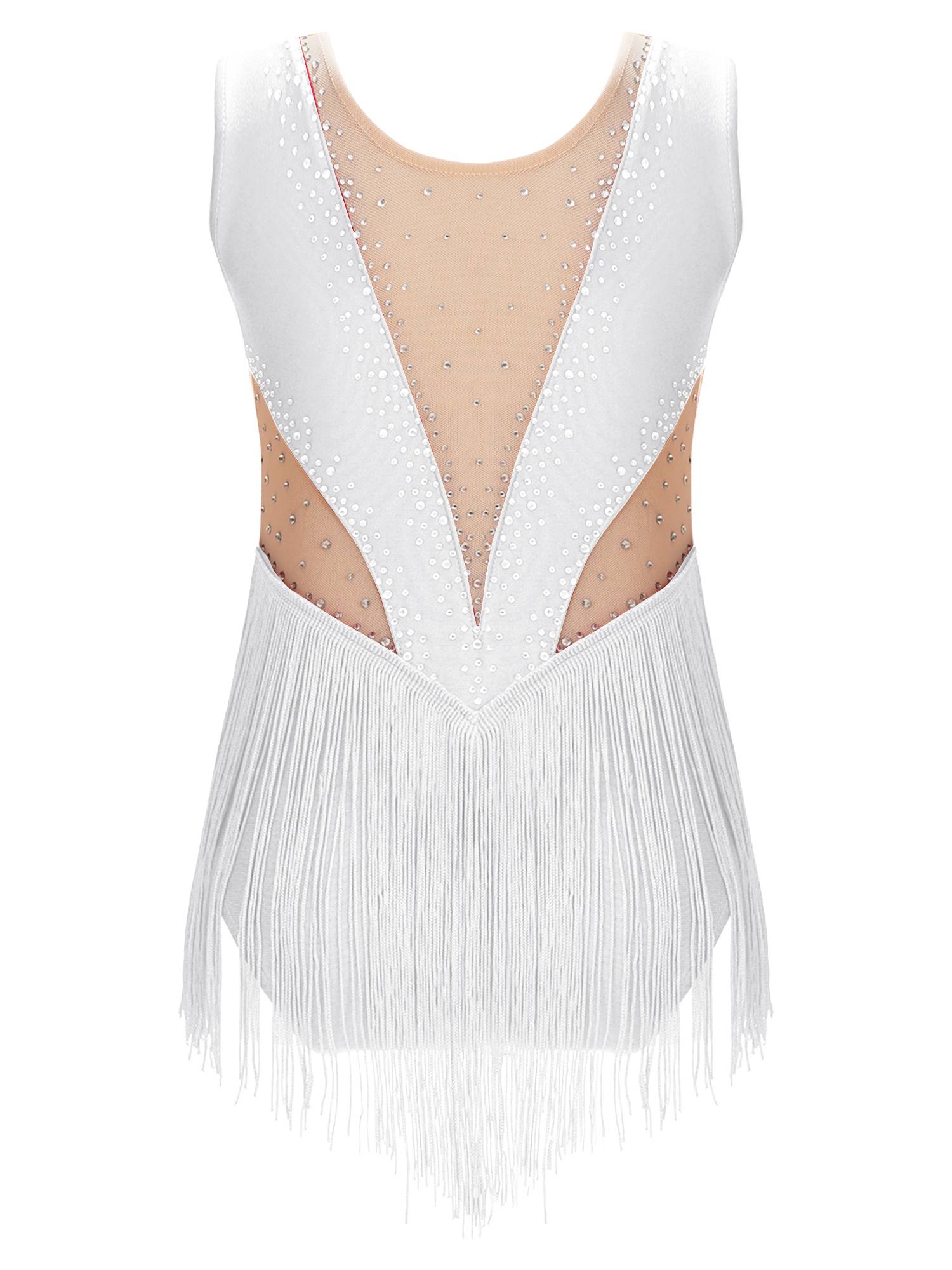 Kids Girls Shiny Rhinestone Leotard Tassel Figure Skating Bodysuit