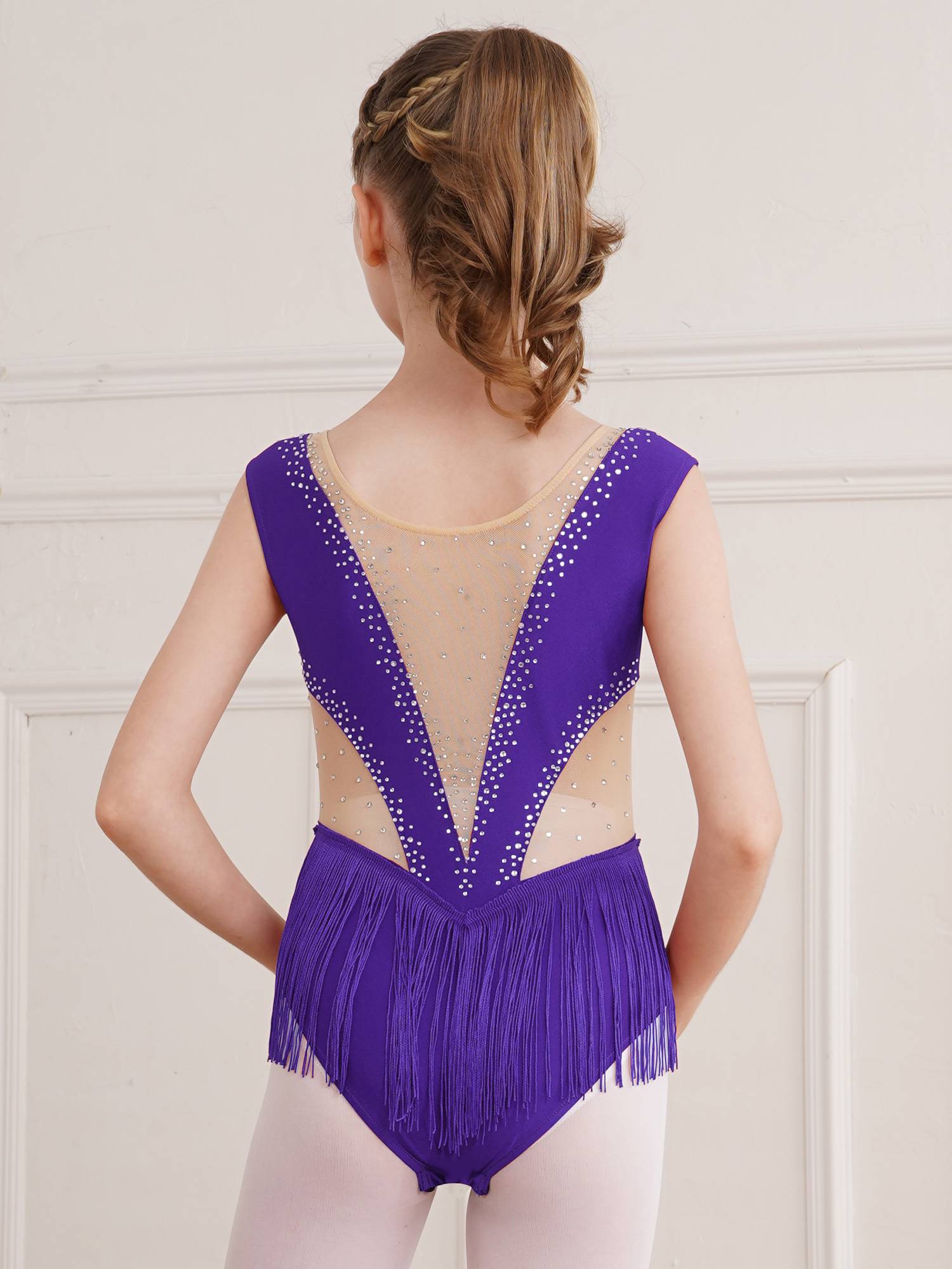 Kids Girls Shiny Rhinestone Leotard Tassel Figure Skating Bodysuit