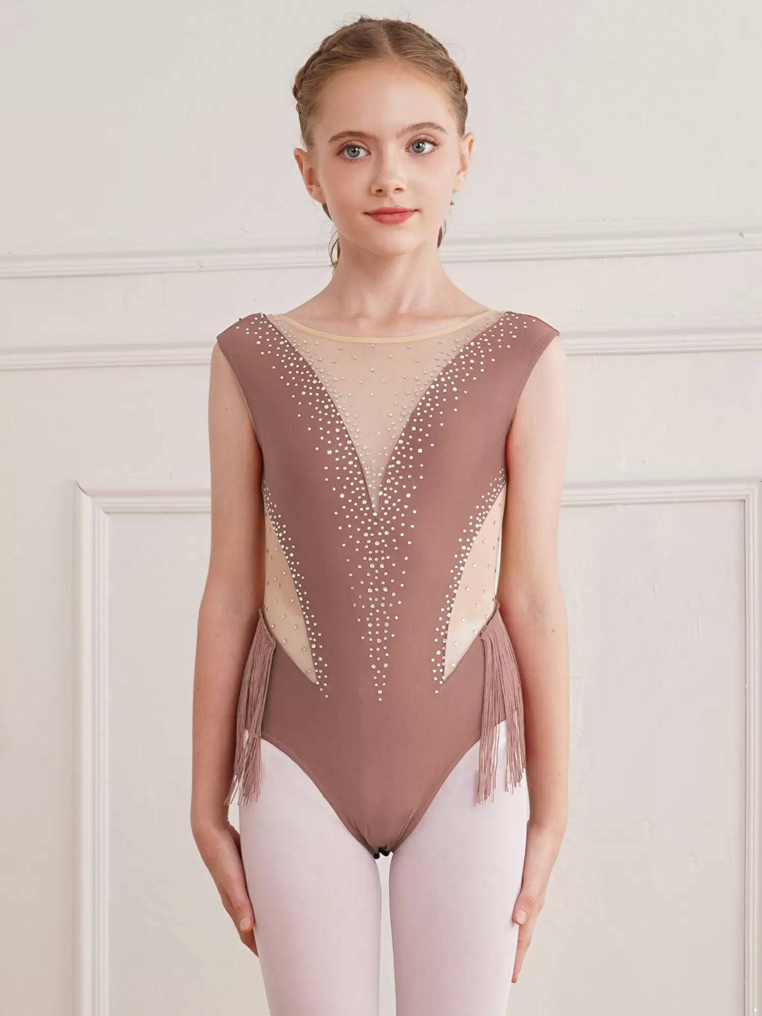 Kids Girls Shiny Rhinestone Leotard Tassel Figure Skating Bodysuit