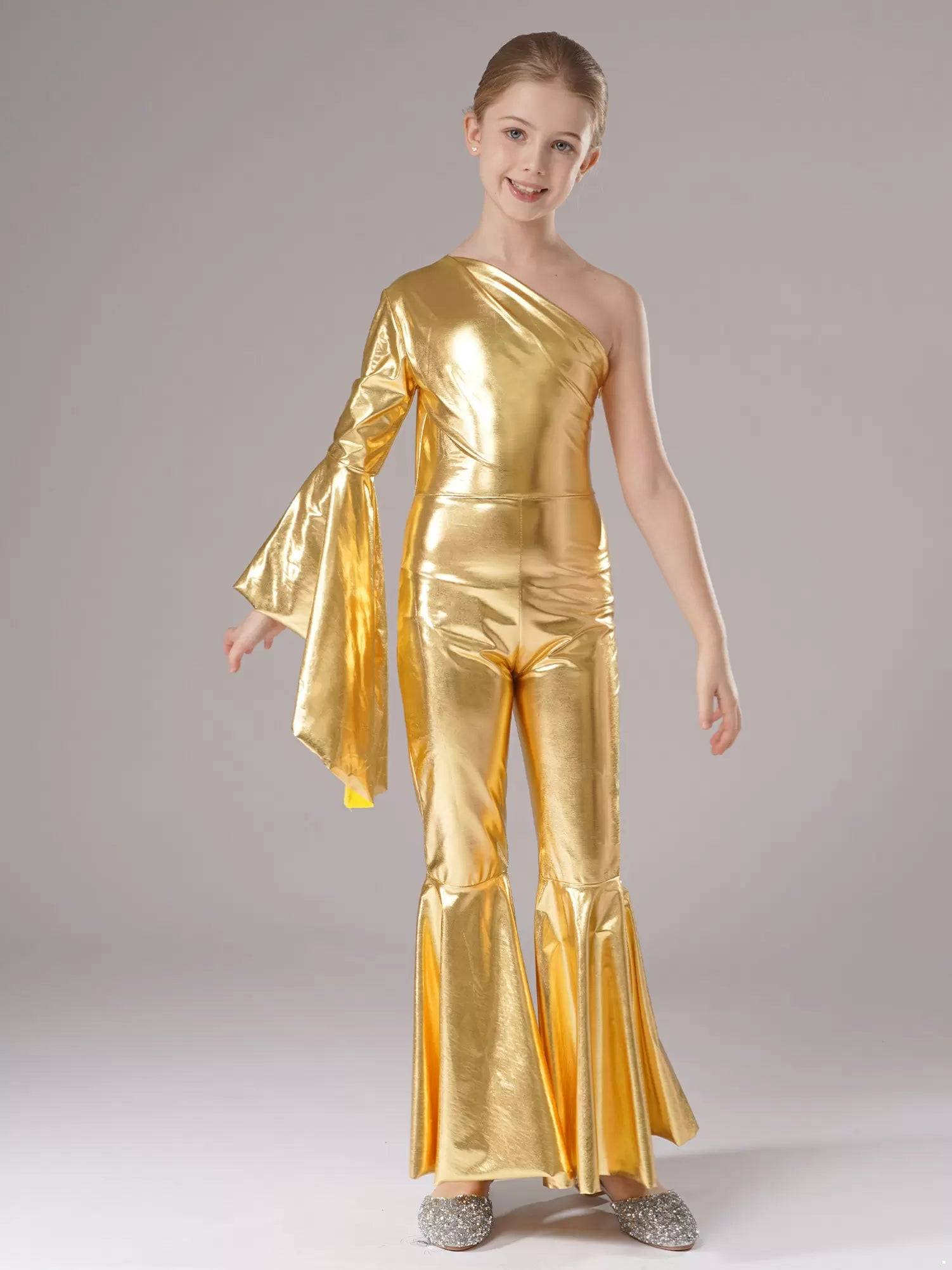 Kids Girls Metallic Shiny Bell-Bottom Jazz Dance Unitard Jumpsuit