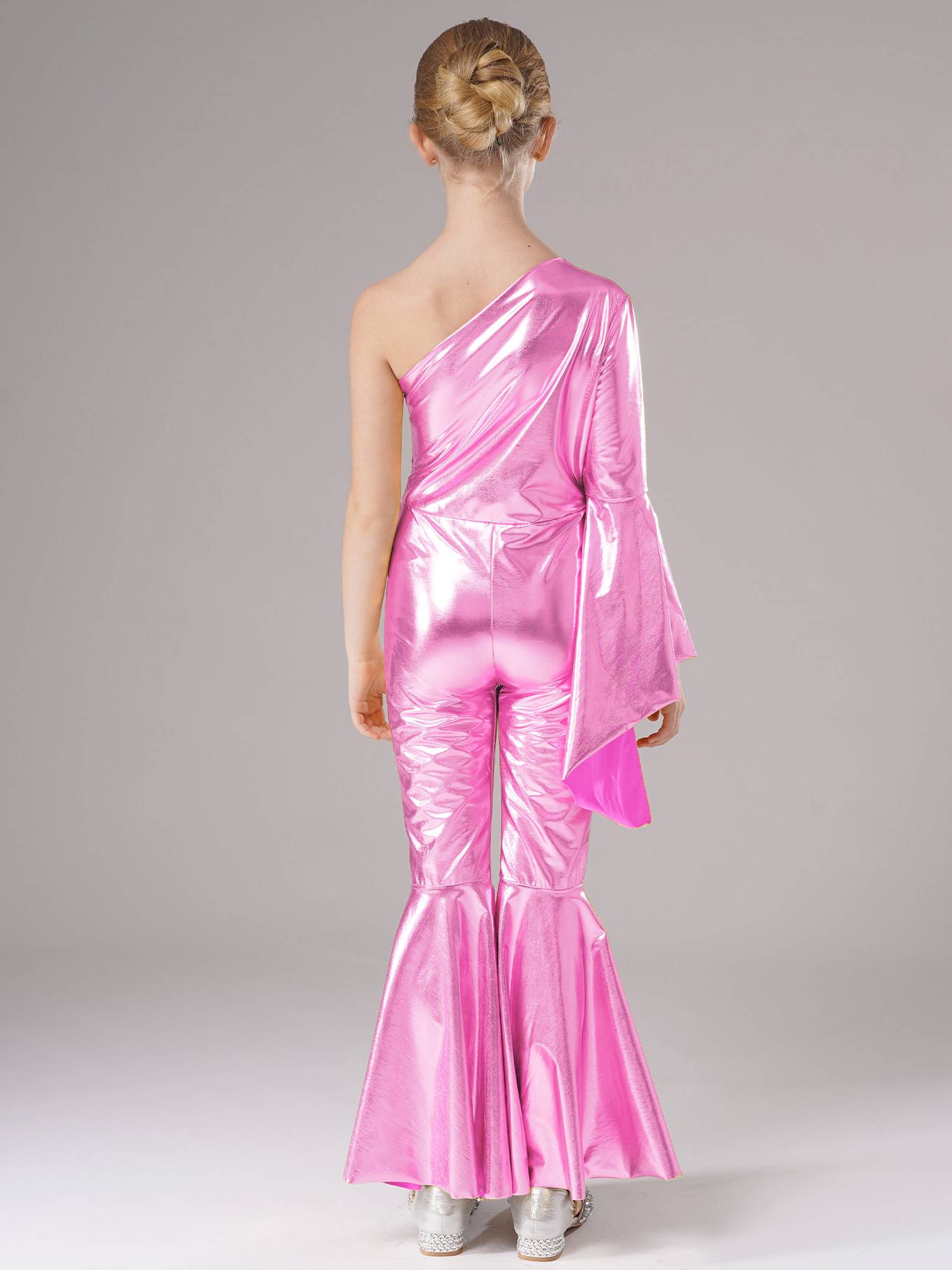 Kids Girls Metallic Shiny Bell-Bottom Jazz Dance Unitard Jumpsuit