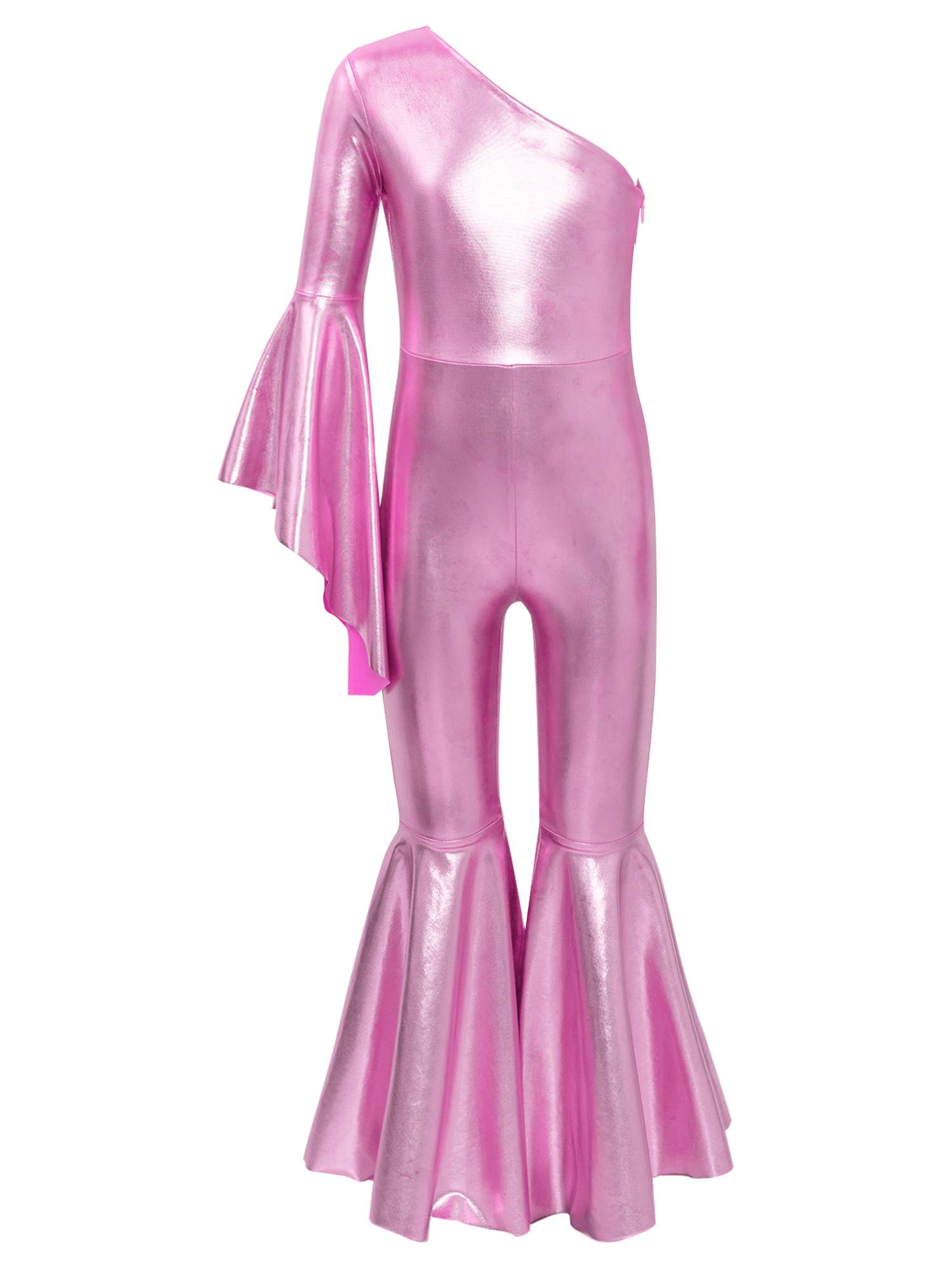 Kids Girls Metallic Shiny Bell-Bottom Jazz Dance Unitard Jumpsuit