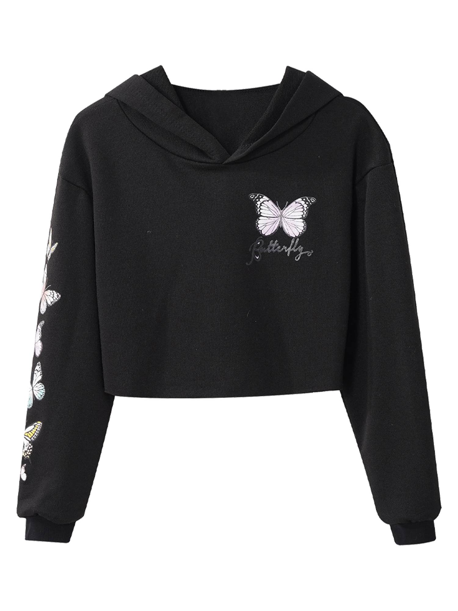 Kids Girls 2pcs Butterfly Printed Cropped Hoodies and Sweatpants Sets