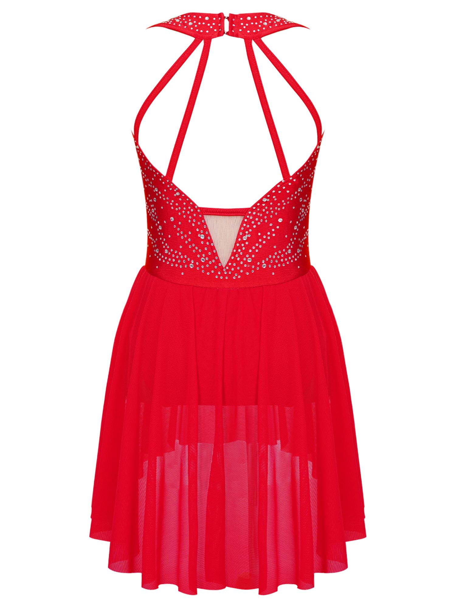 Kids Girls Sleeveless Rhinestone Strappy Back Asymmetrical Figure Skating Dress