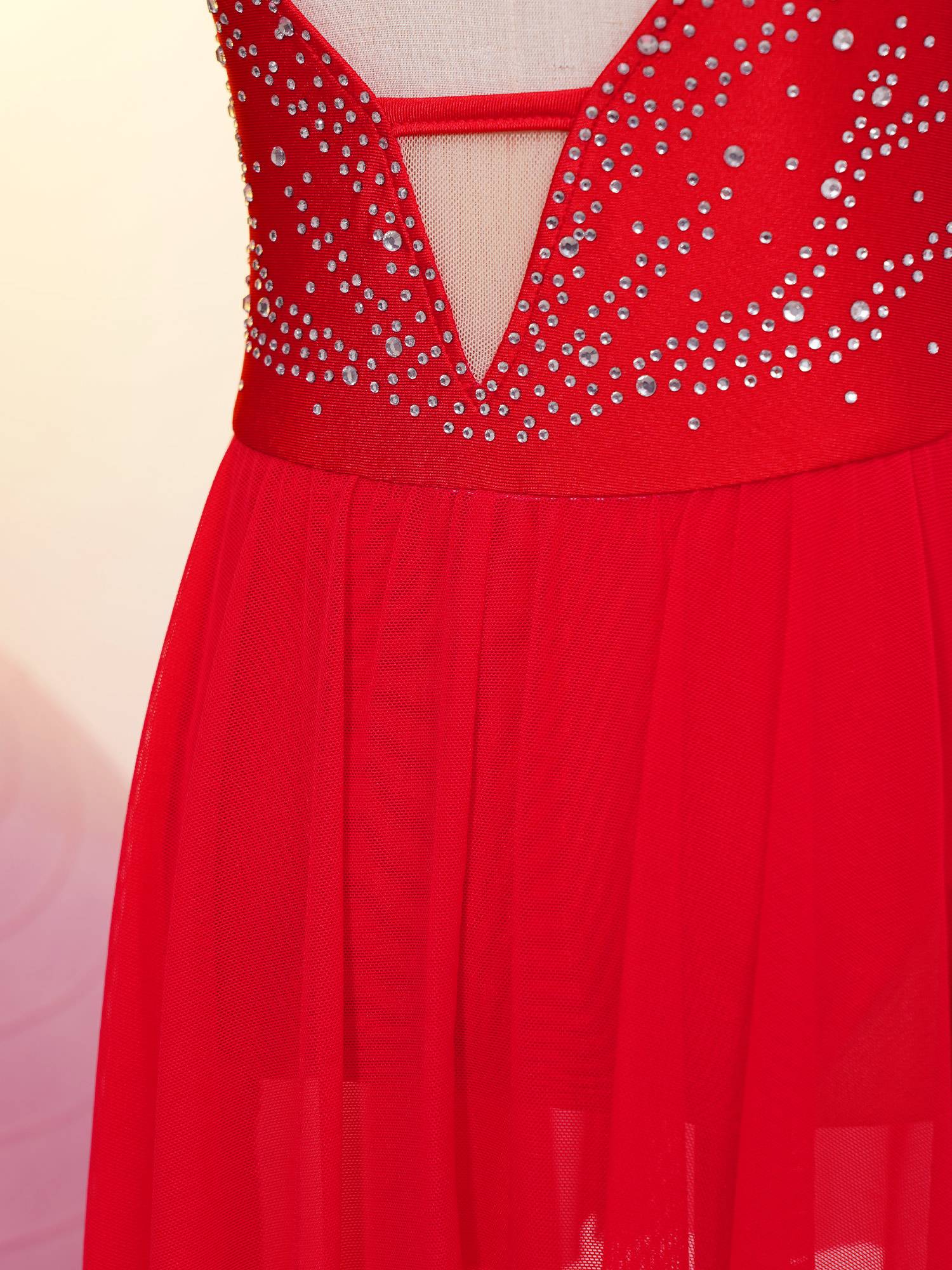 Kids Girls Sleeveless Rhinestone Strappy Back Asymmetrical Figure Skating Dress