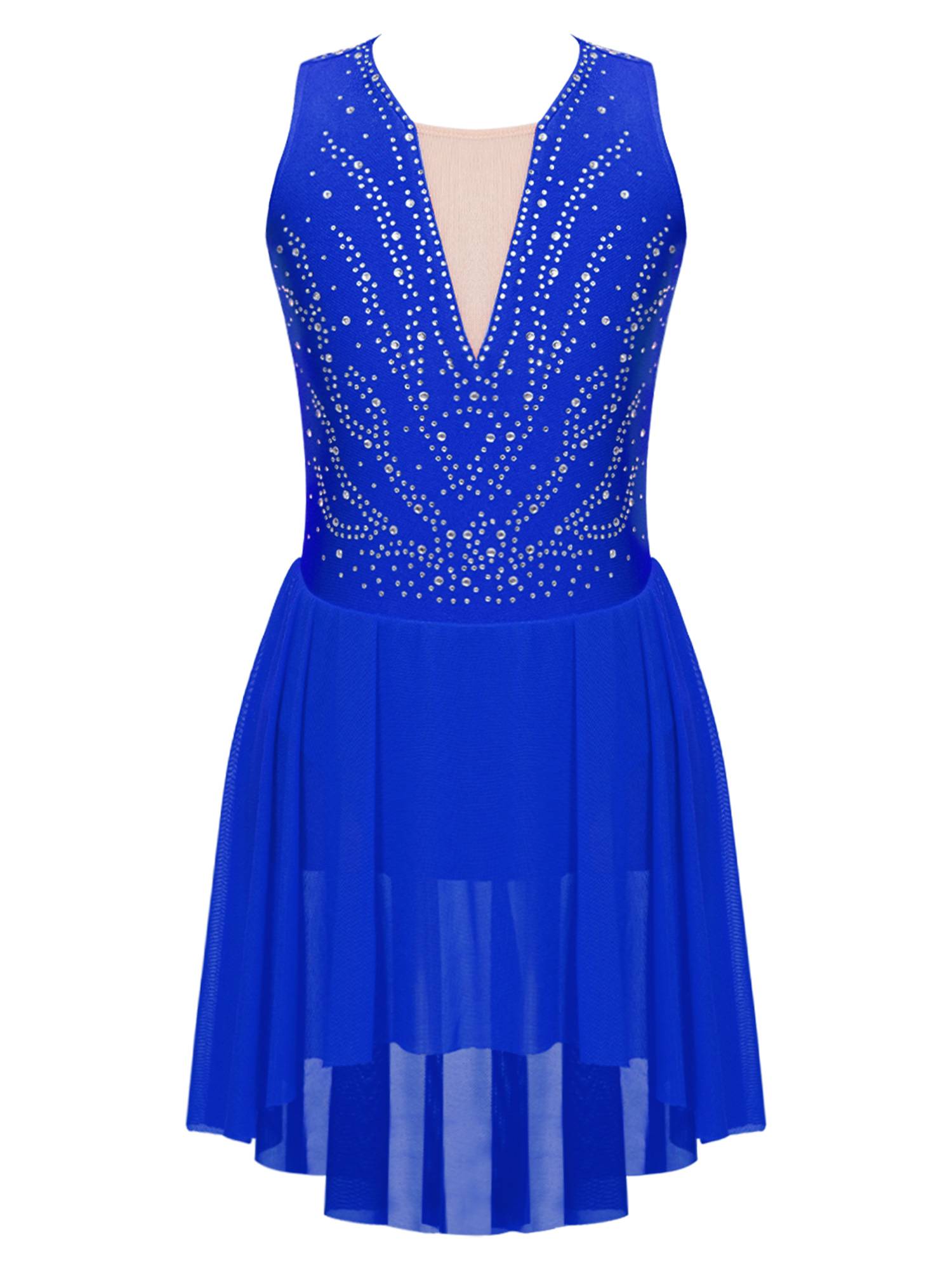 Kids Girls Sleeveless Rhinestone Strappy Back Asymmetrical Figure Skating Dress