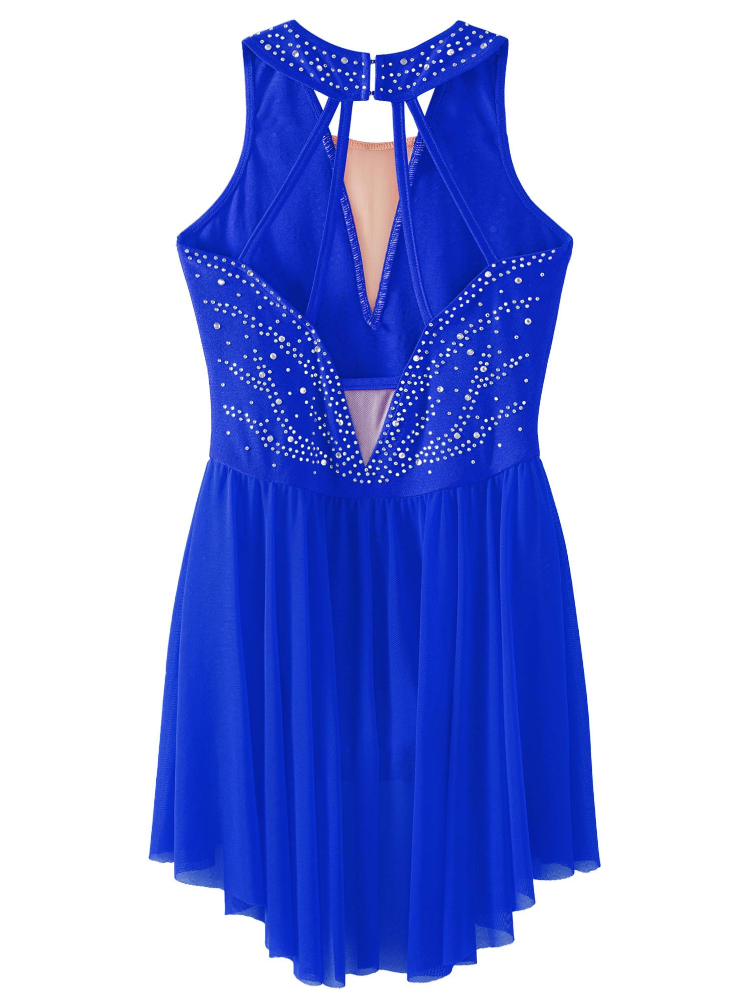 Kids Girls Sleeveless Rhinestone Strappy Back Asymmetrical Figure Skating Dress