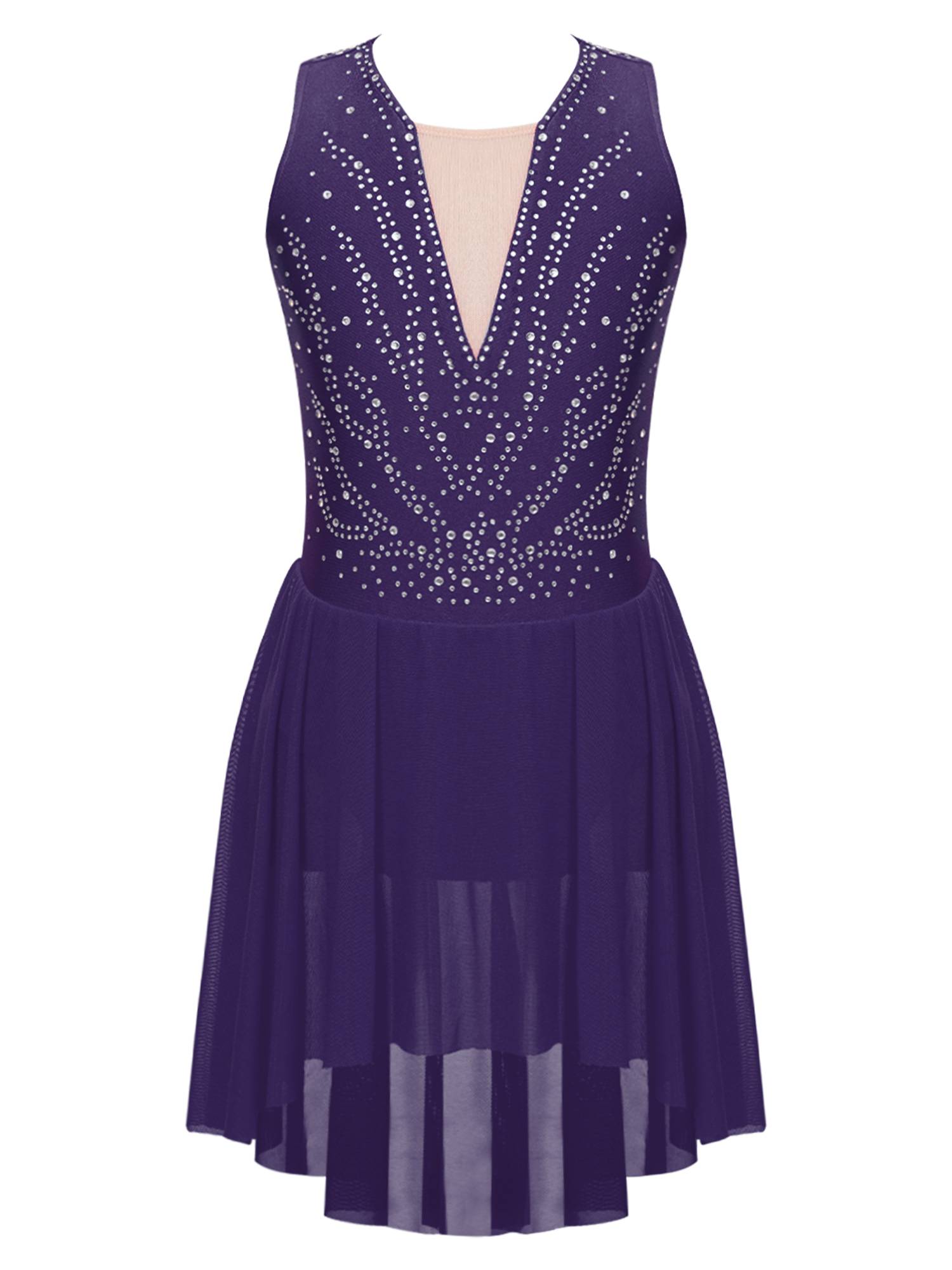 Kids Girls Sleeveless Rhinestone Strappy Back Asymmetrical Figure Skating Dress