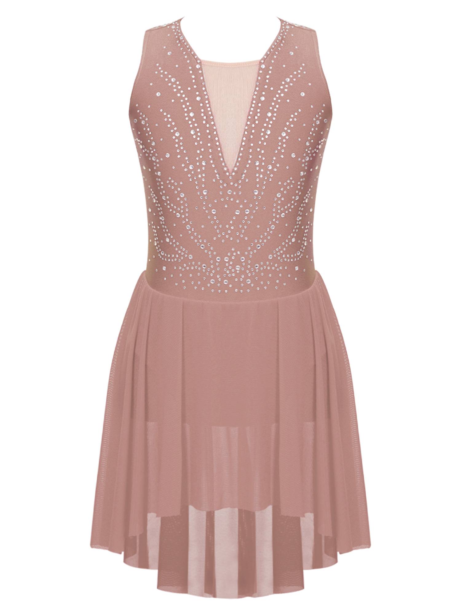 Kids Girls Sleeveless Rhinestone Strappy Back Asymmetrical Figure Skating Dress