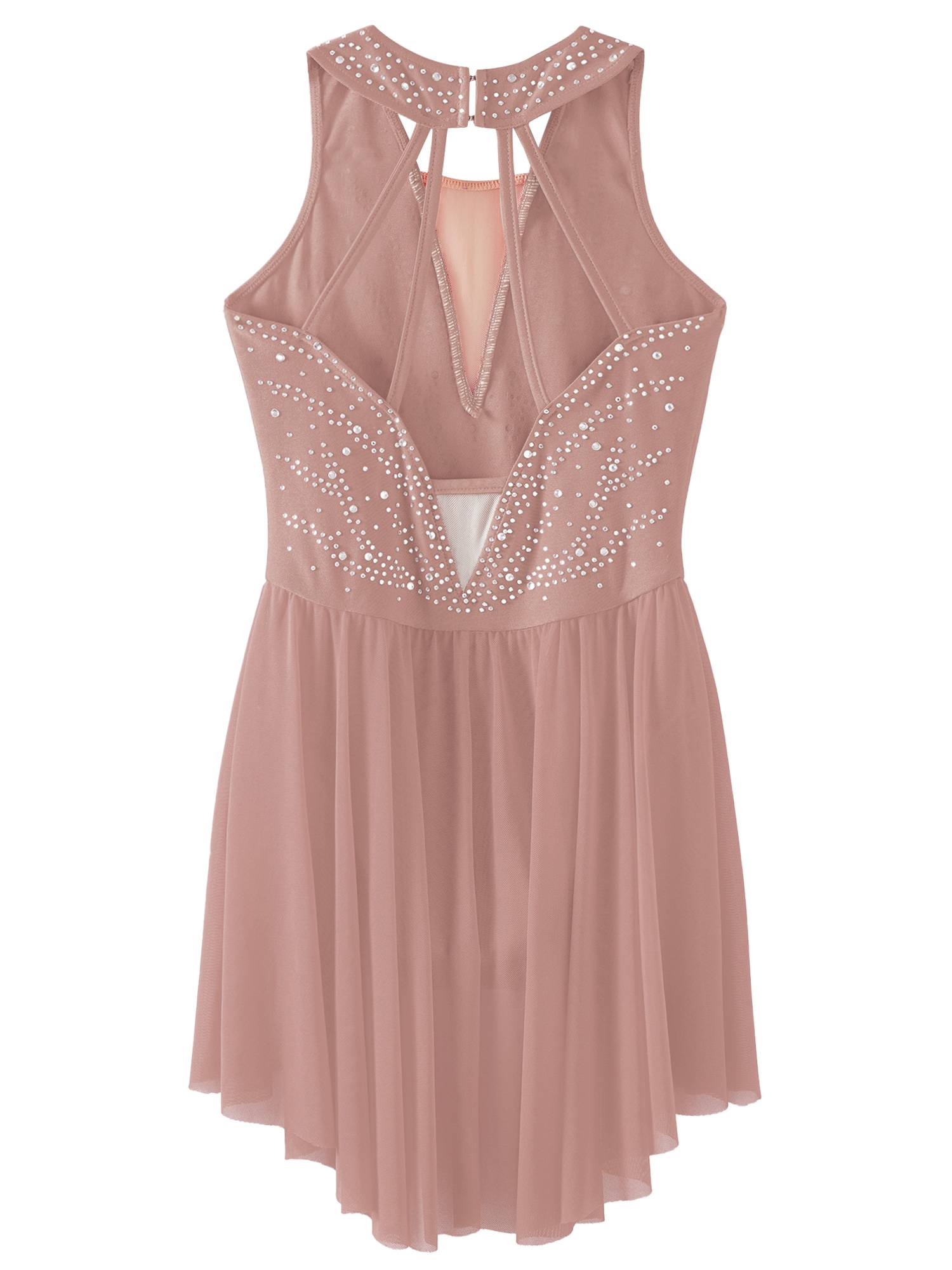 Kids Girls Sleeveless Rhinestone Strappy Back Asymmetrical Figure Skating Dress