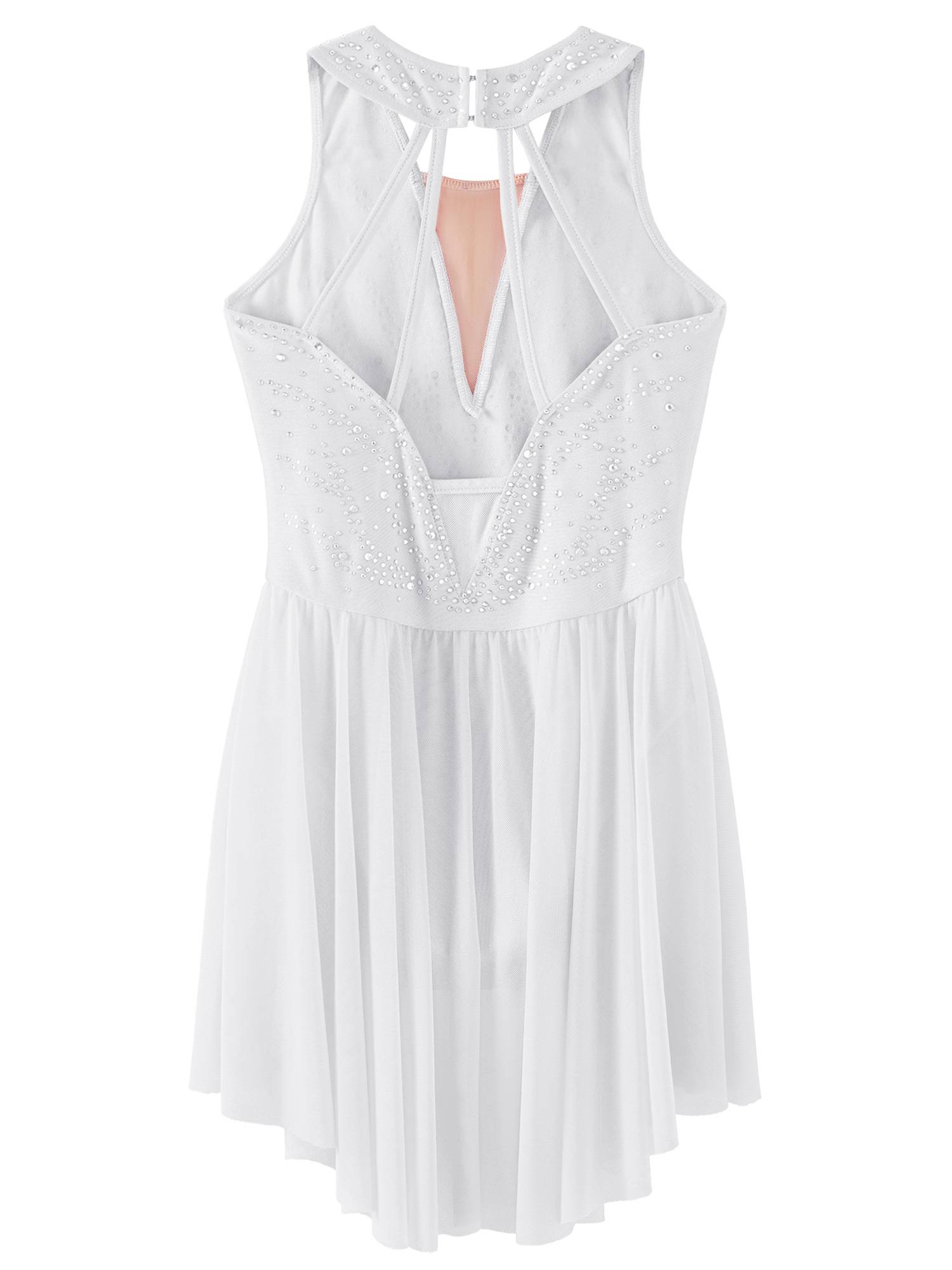 Kids Girls Sleeveless Rhinestone Strappy Back Asymmetrical Figure Skating Dress