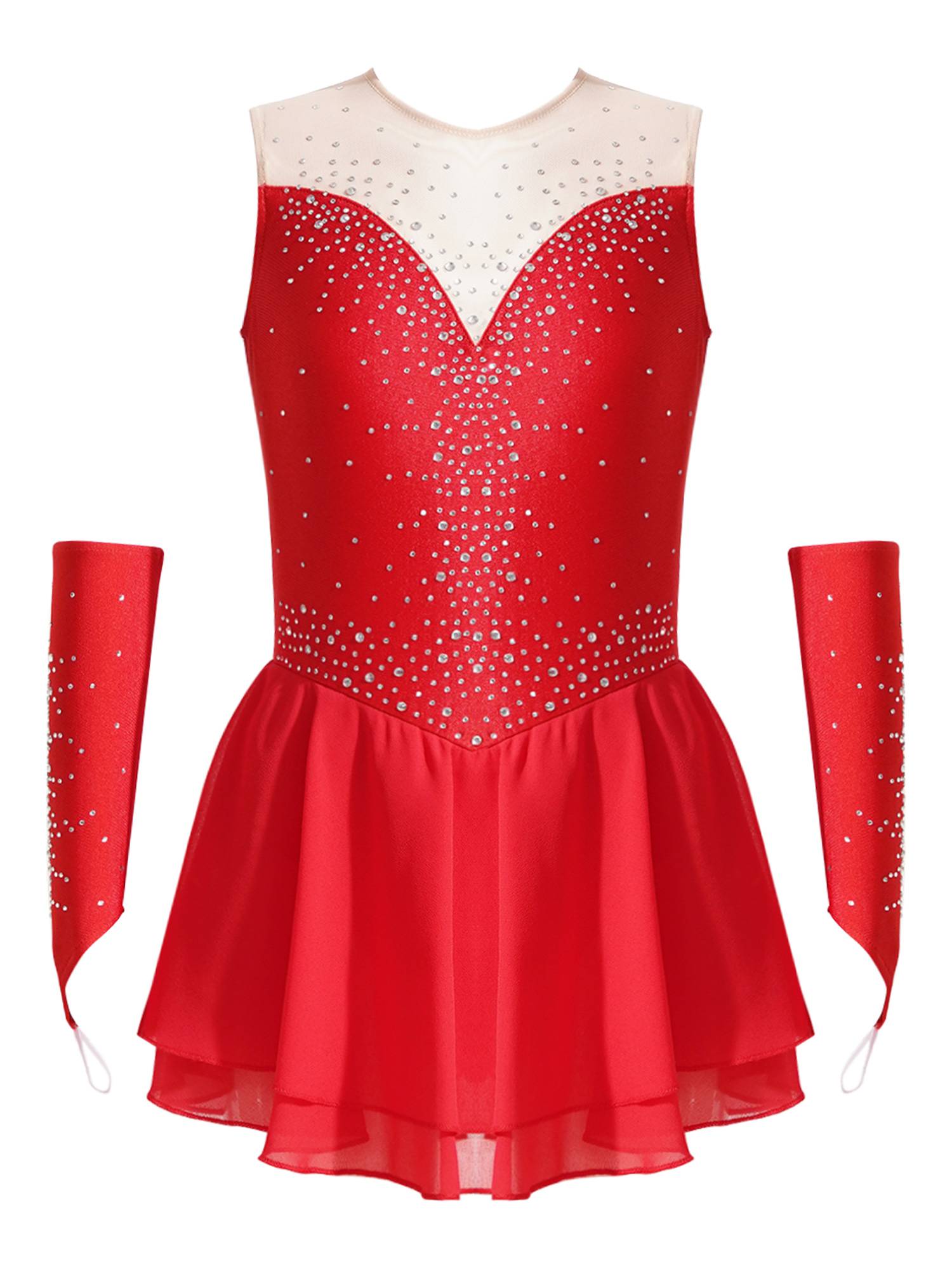 Kids Girls Rhinestone Figure Skating Dress with Gloves