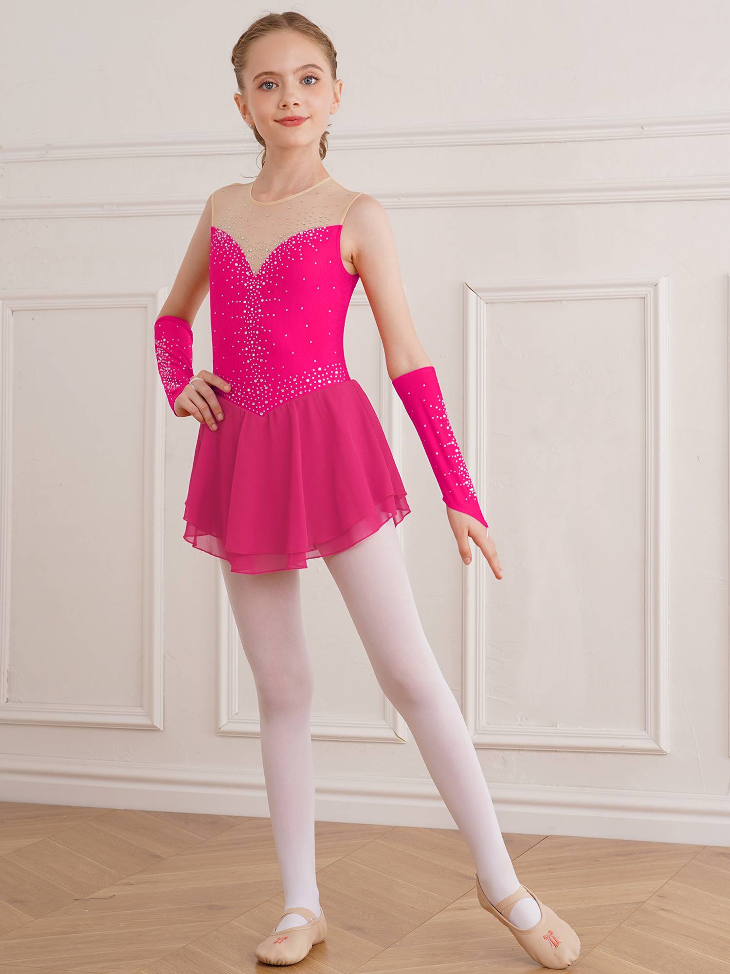 Kids Girls Rhinestone Figure Skating Dress with Gloves