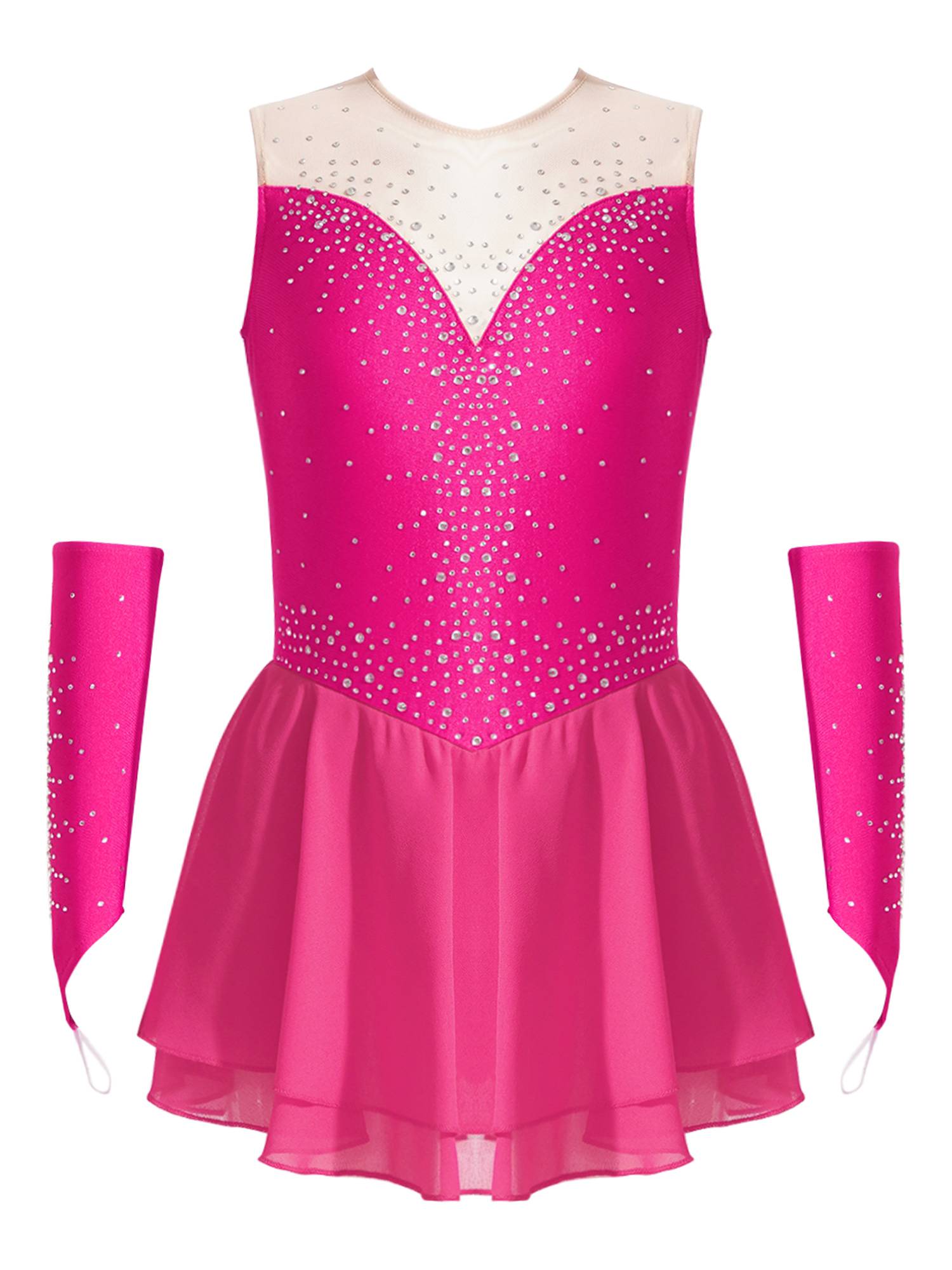 Kids Girls Rhinestone Figure Skating Dress with Gloves
